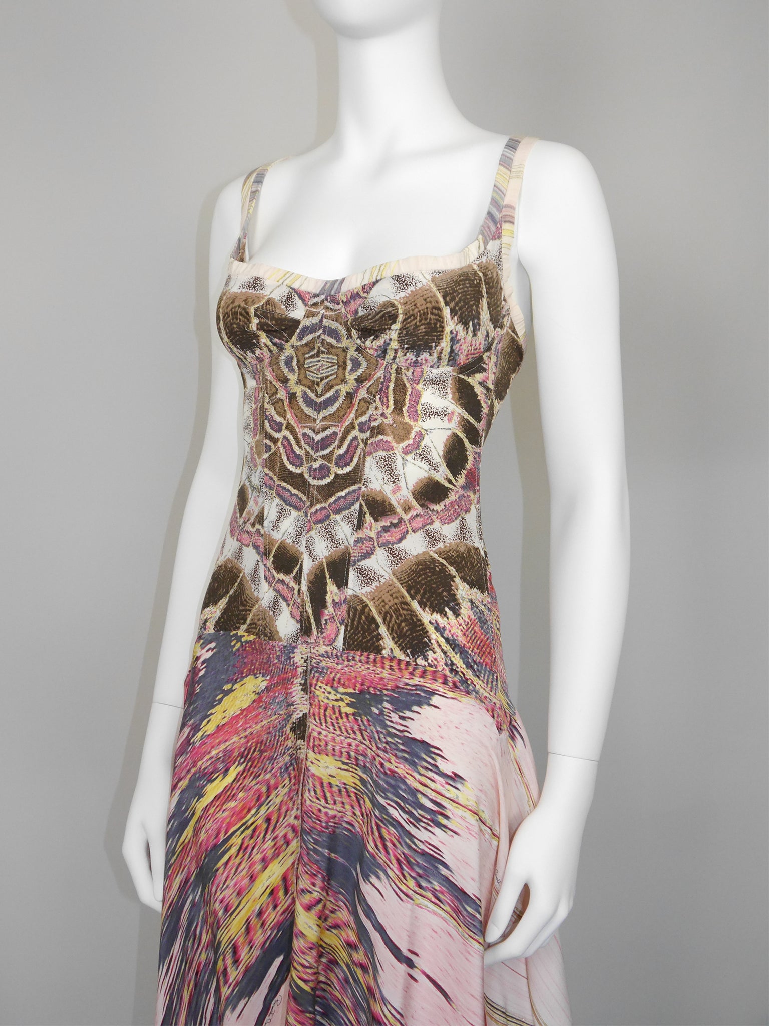 ROBERTO CAVALLI Spring 2004 Vintage Feather Print Silk Corset Dress