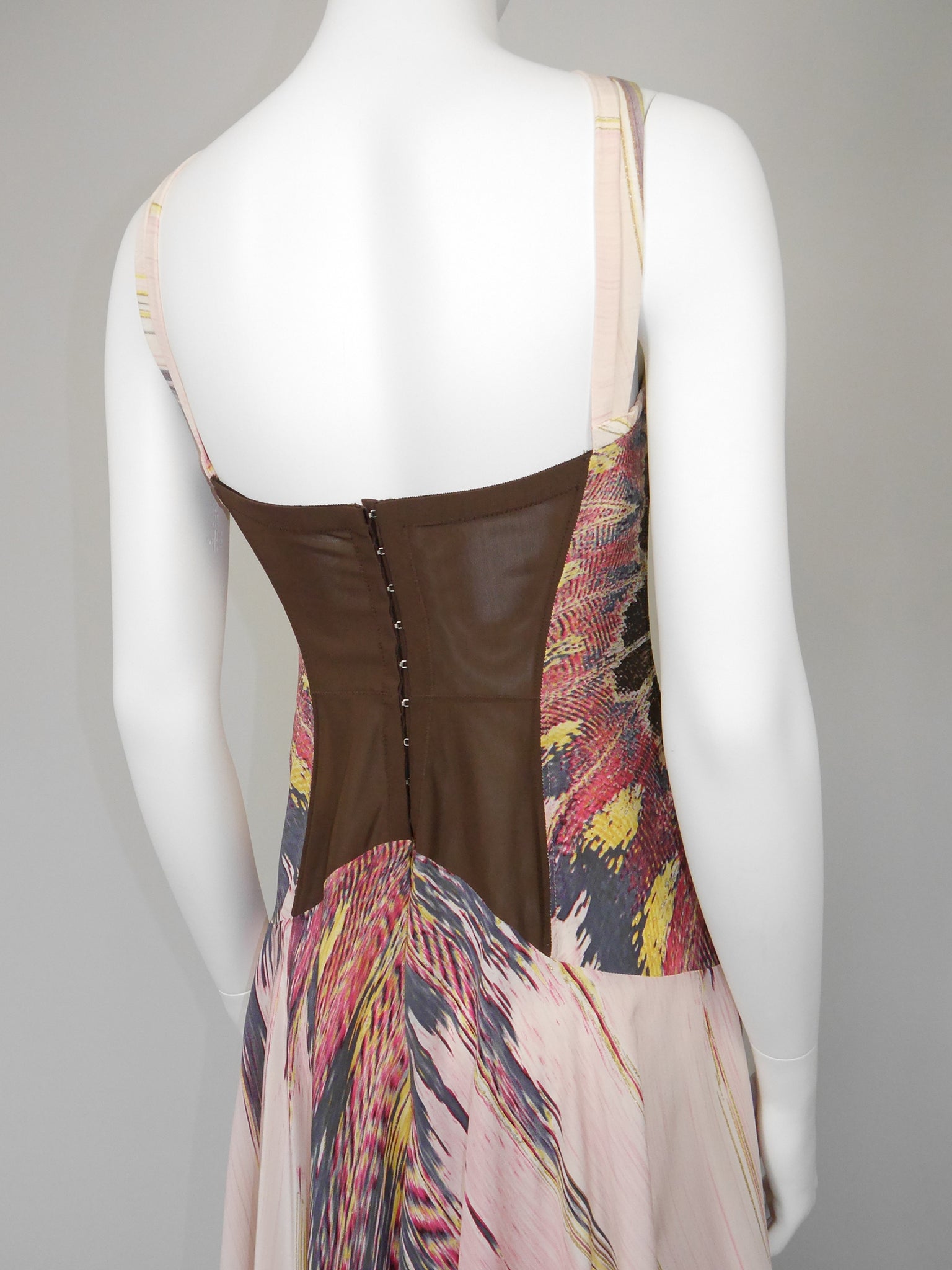 ROBERTO CAVALLI Spring 2004 Vintage Feather Print Silk Corset Dress