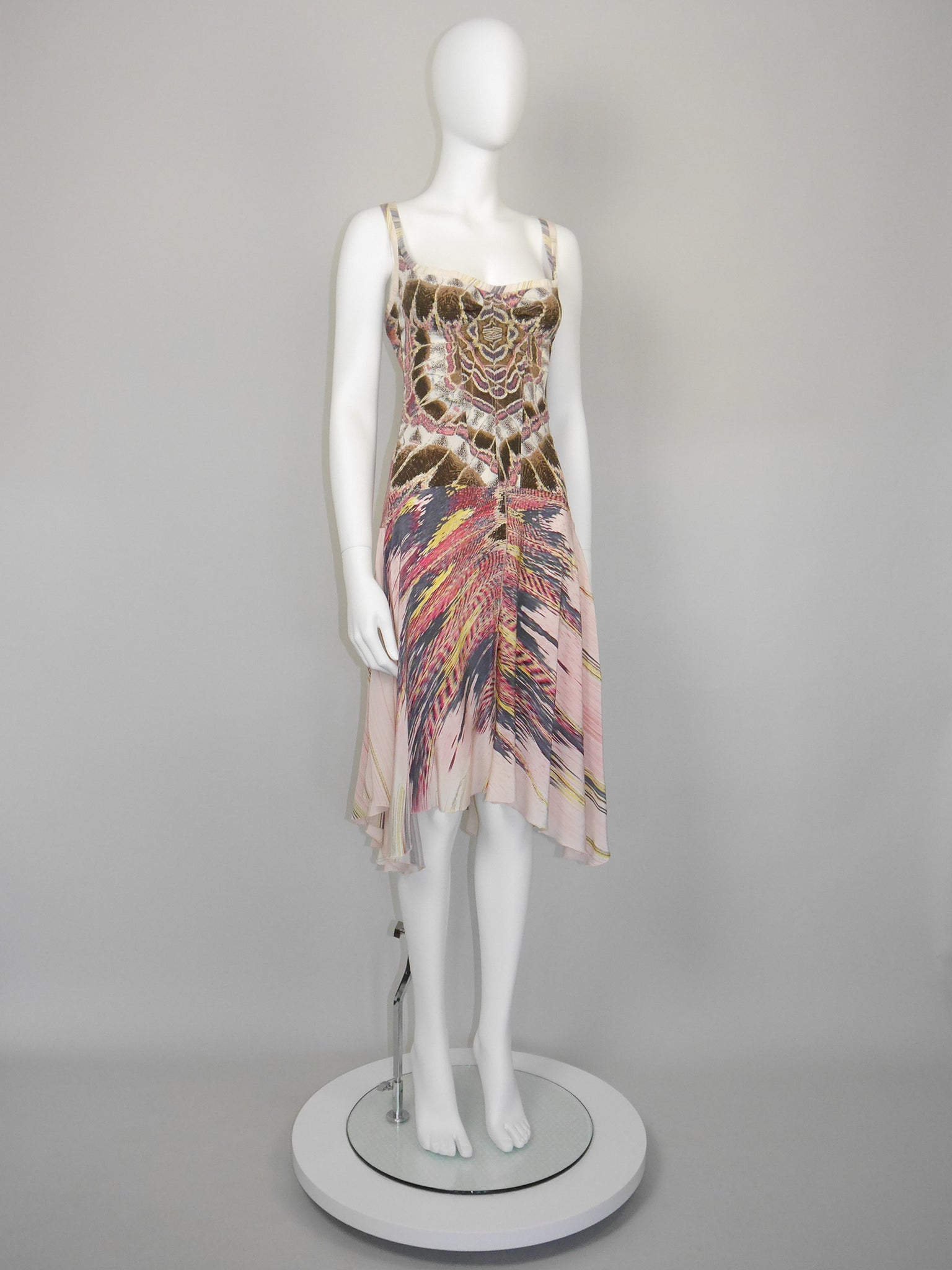 ROBERTO CAVALLI Spring 2004 Vintage Feather Print Silk Corset Dress