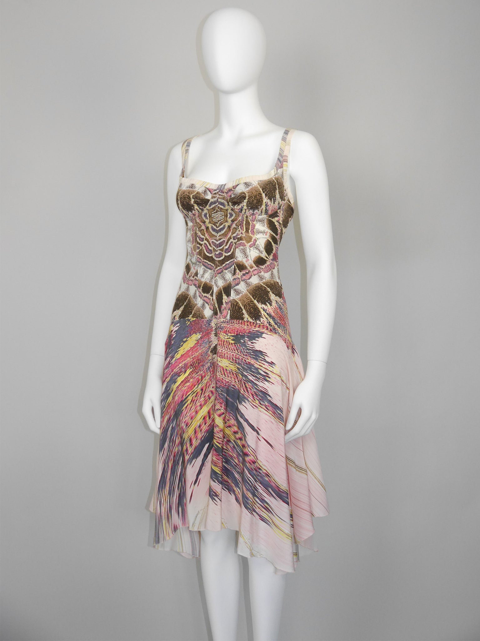 ROBERTO CAVALLI Spring 2004 Vintage Feather Print Silk Corset Dress