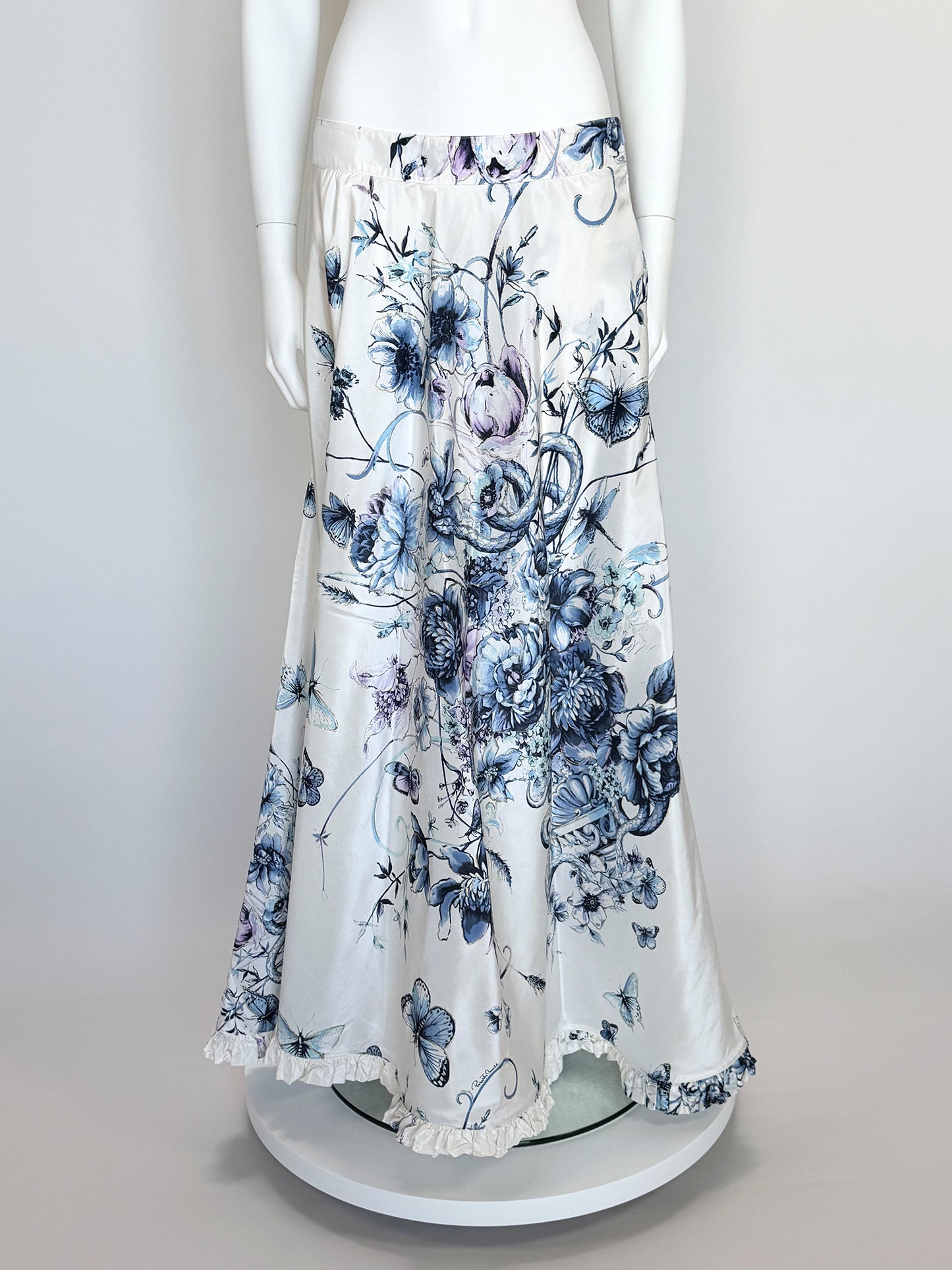 ROBERTO CAVALLI Vintage Spring 2005 Ruffled Floral Silk Maxi Skirt Size S