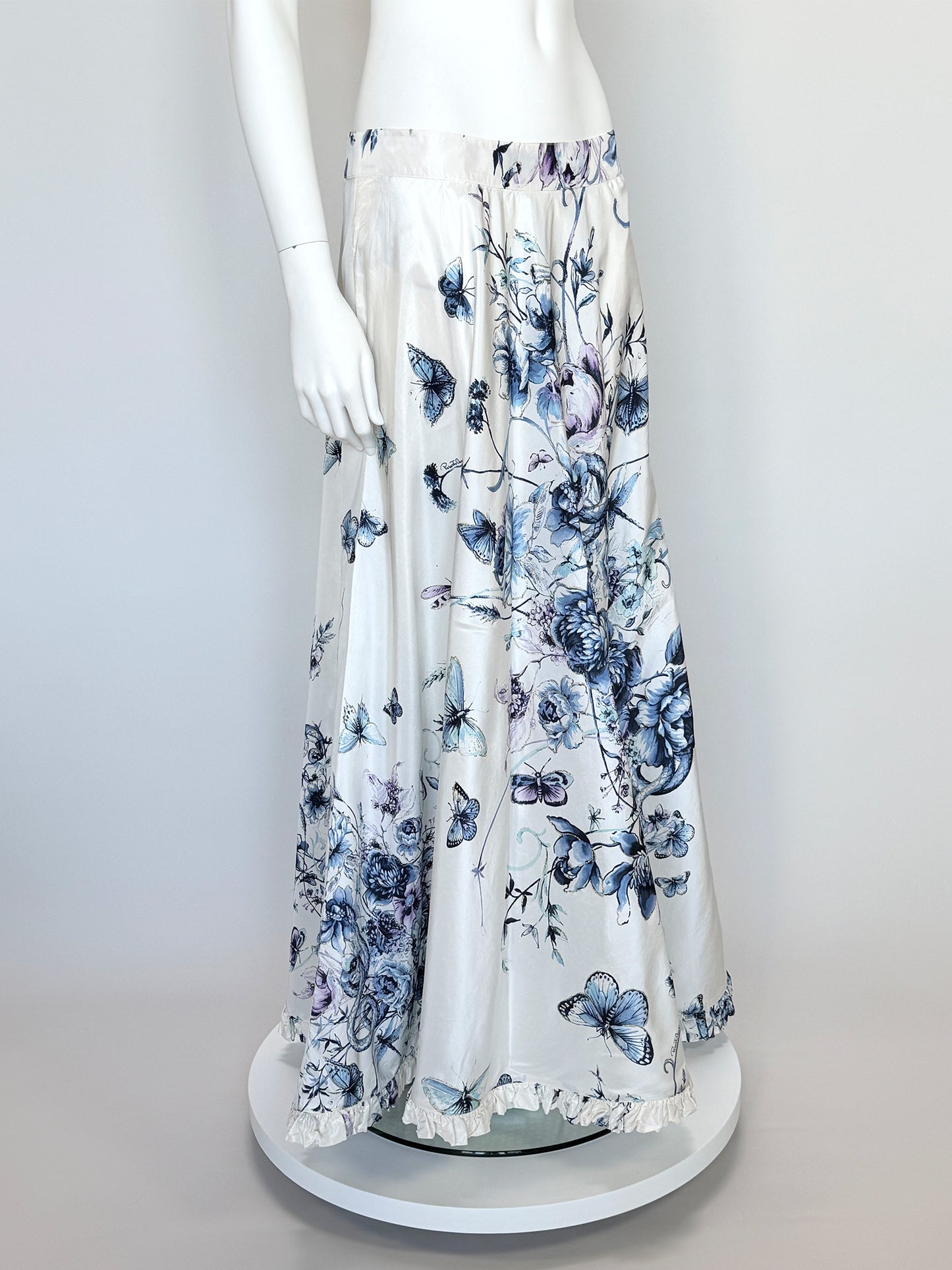 ROBERTO CAVALLI Vintage Spring 2005 Ruffled Floral Silk Maxi Skirt Size S