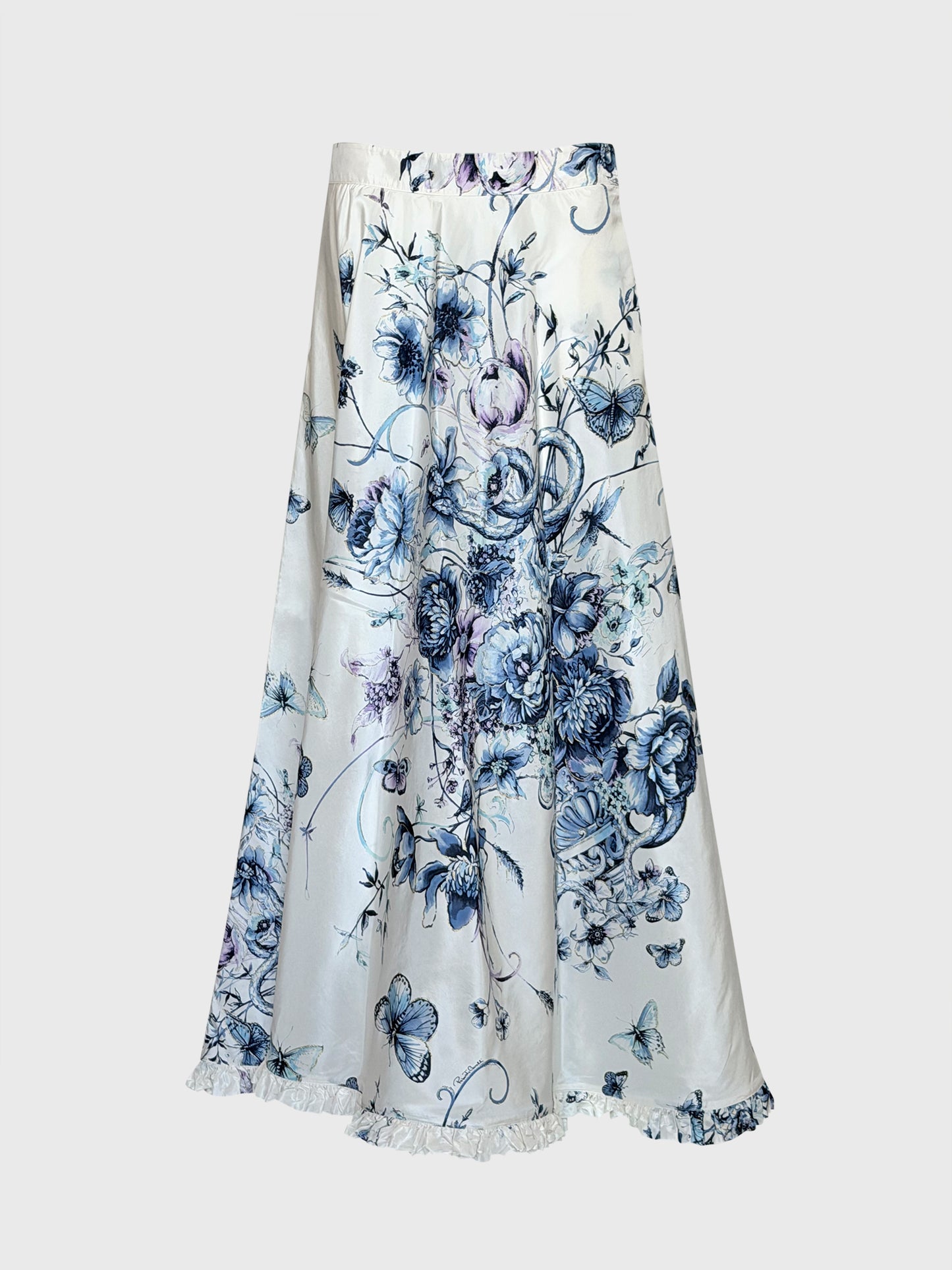 ROBERTO CAVALLI Vintage Spring 2005 Ruffled Floral Silk Maxi Skirt Size S