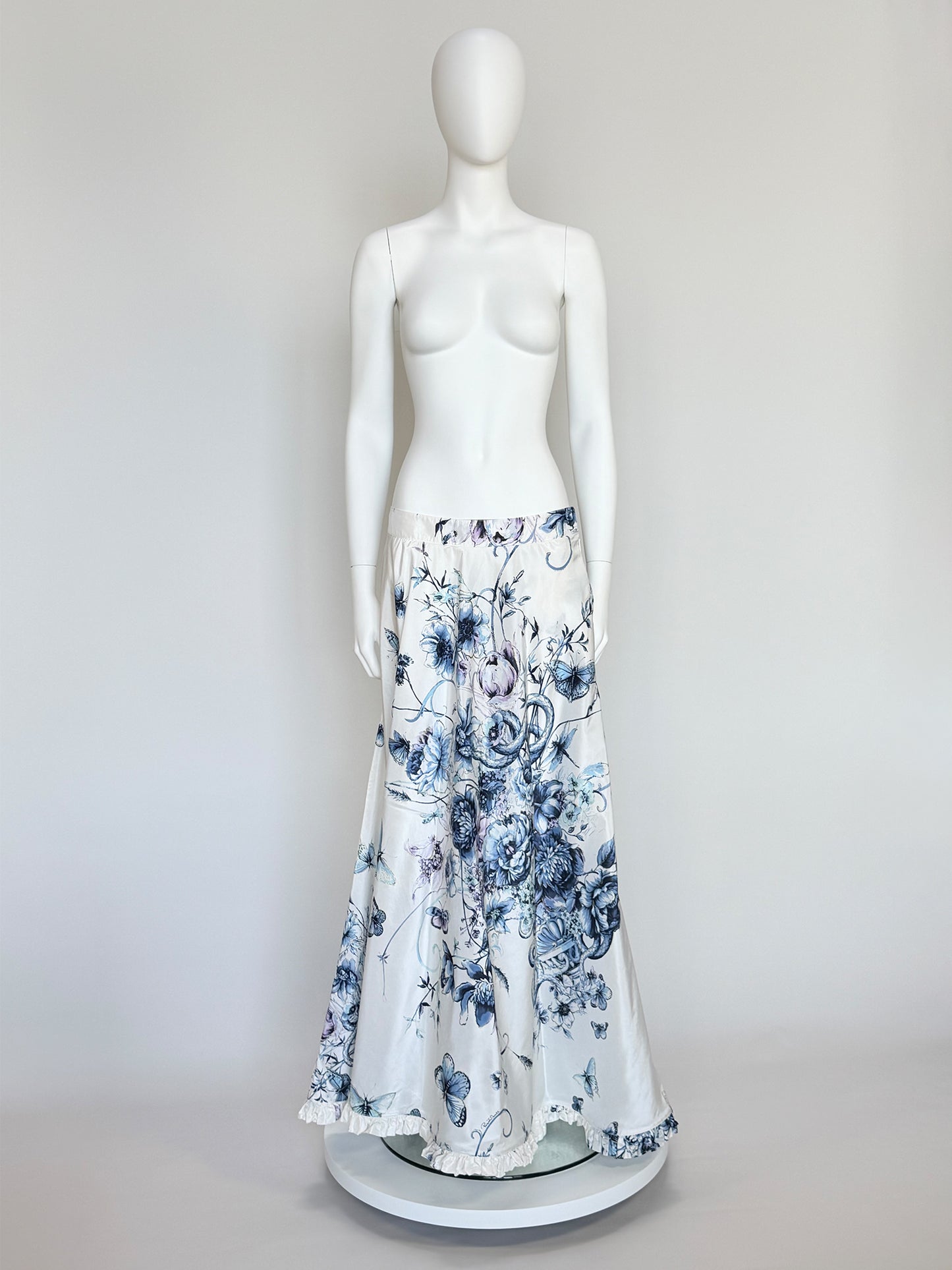 ROBERTO CAVALLI Vintage Spring 2005 Ruffled Floral Silk Maxi Skirt Size S