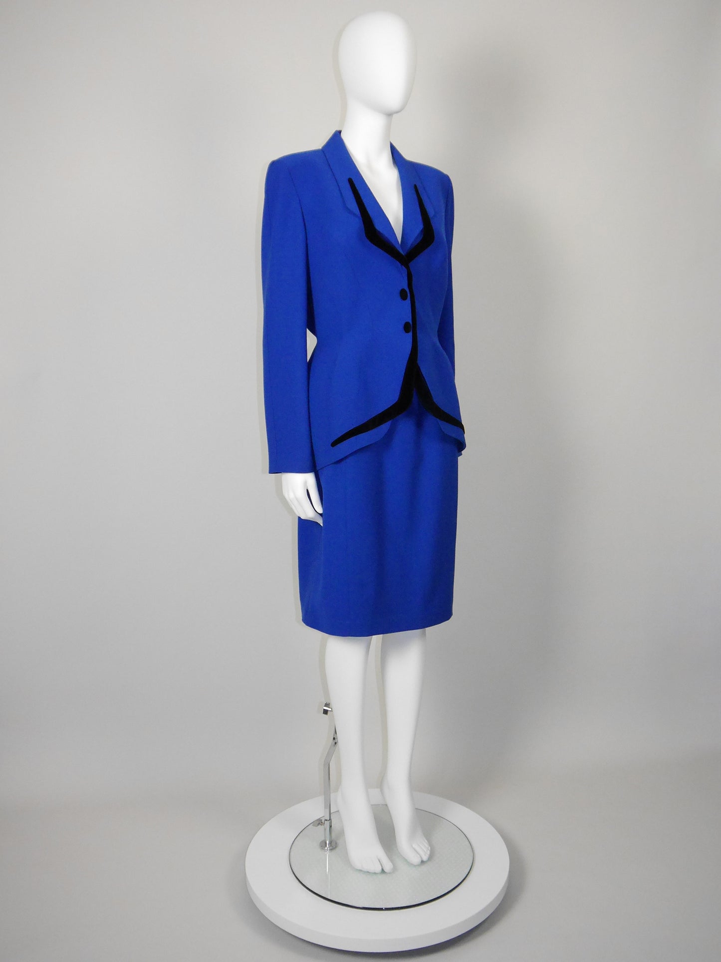 THIERRY MUGLER 1980s 1990s Vintage Electric Blue Jacket & Skirt Suit w/ Velvet Accents Size L-XL