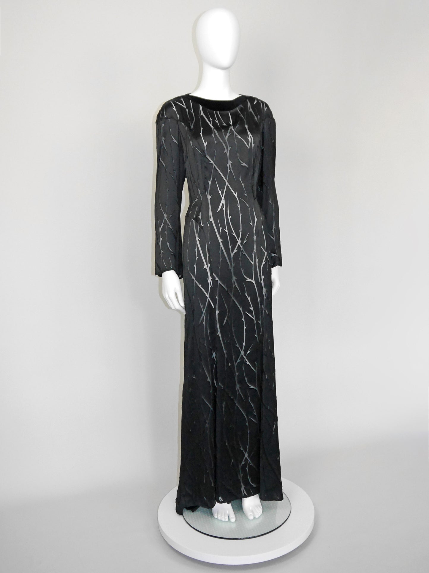 THIERRY MUGLER 1990s 2000s Vintage Black Thorn Devoré Maxi Evening Dress Size L-XL