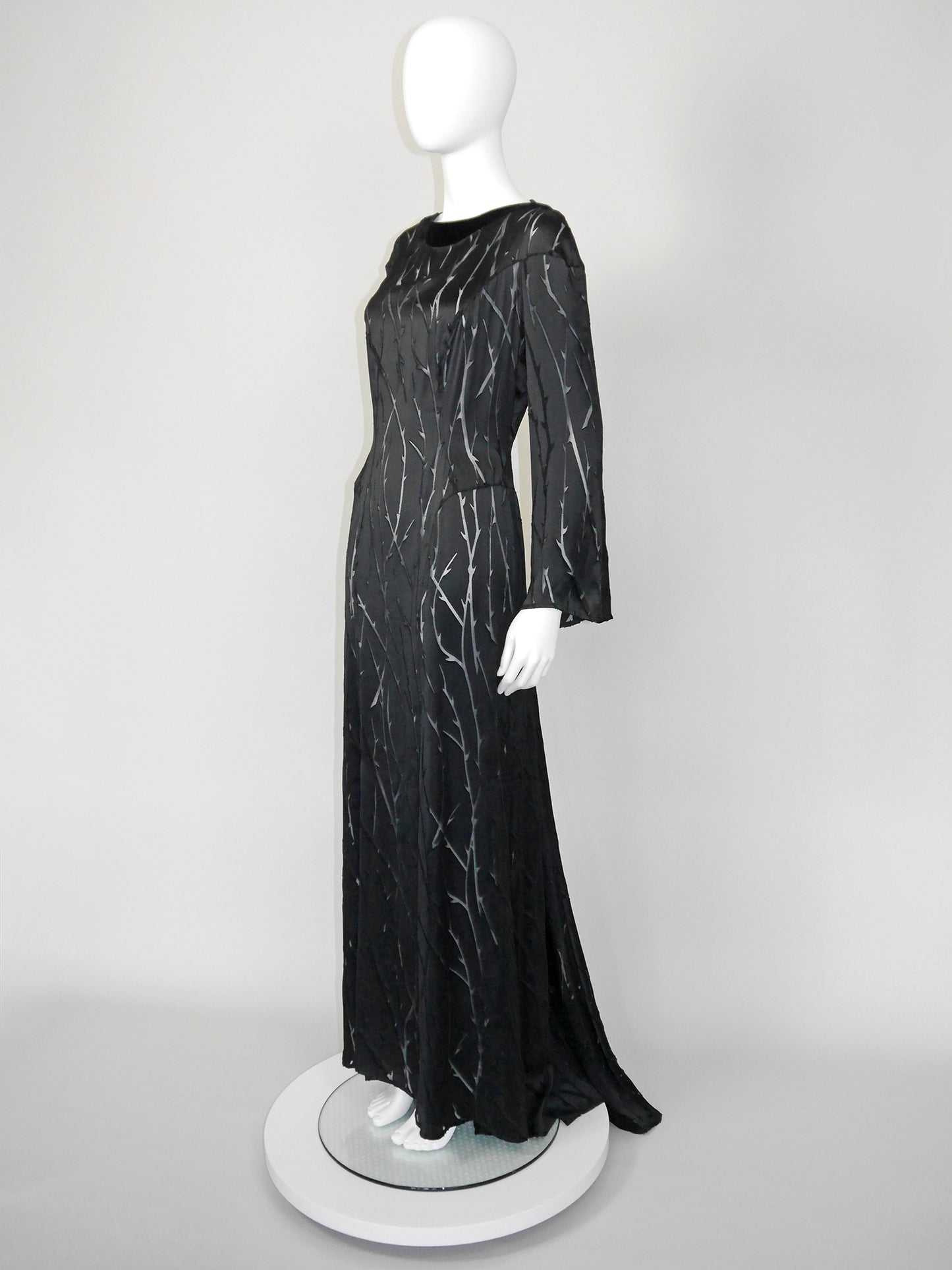 THIERRY MUGLER 1990s 2000s Vintage Black Thorn Devoré Maxi Evening Dress Size L-XL