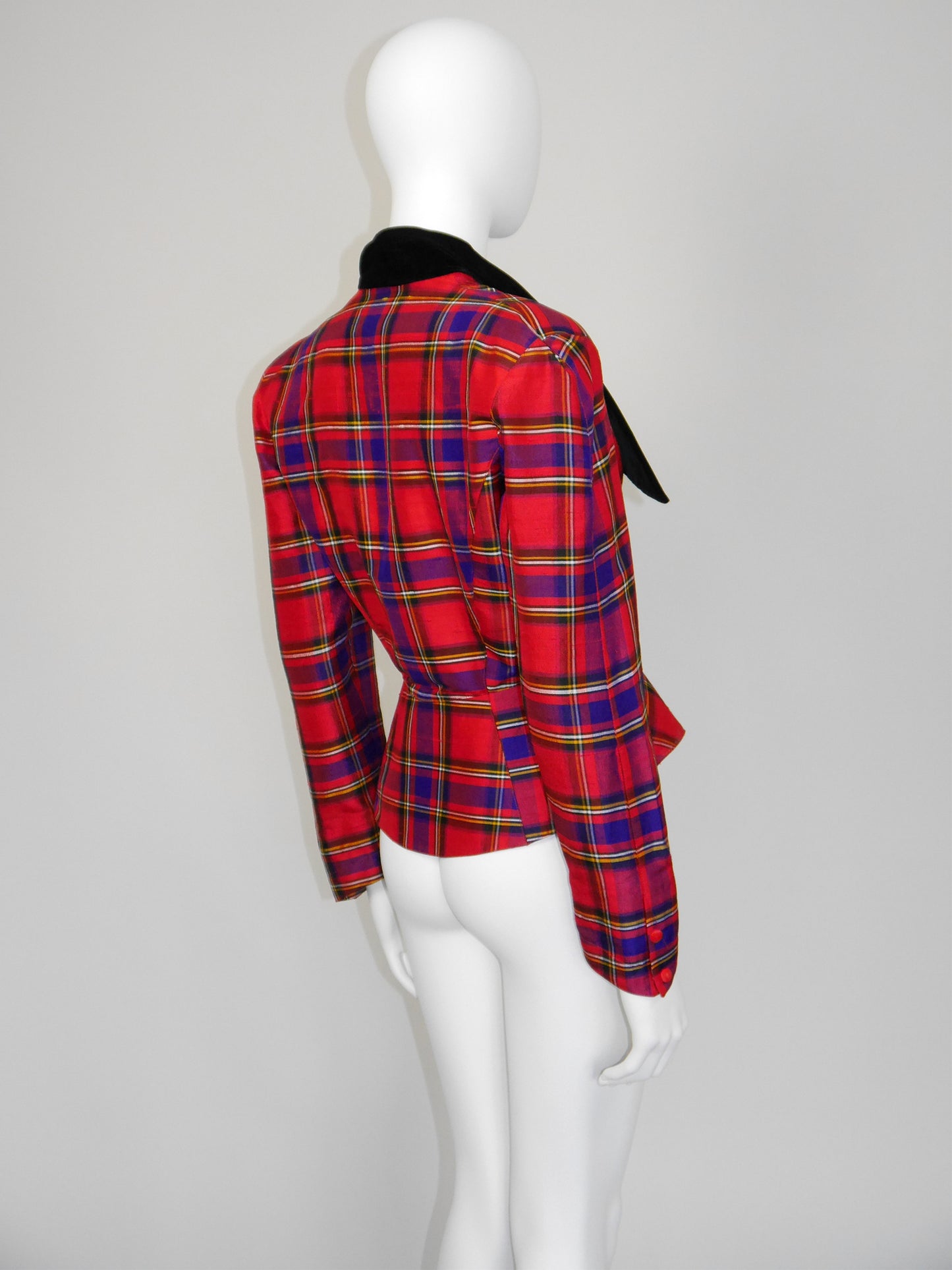 THIERRY MUGLER 1990s Vintage Raw Silk Tartan Pattern Evening Jacket Size XS-S