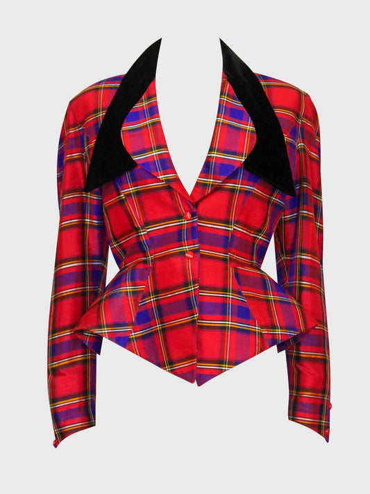 THIERRY MUGLER 1990s Vintage Raw Silk Tartan Pattern Evening Jacket Size XS-S