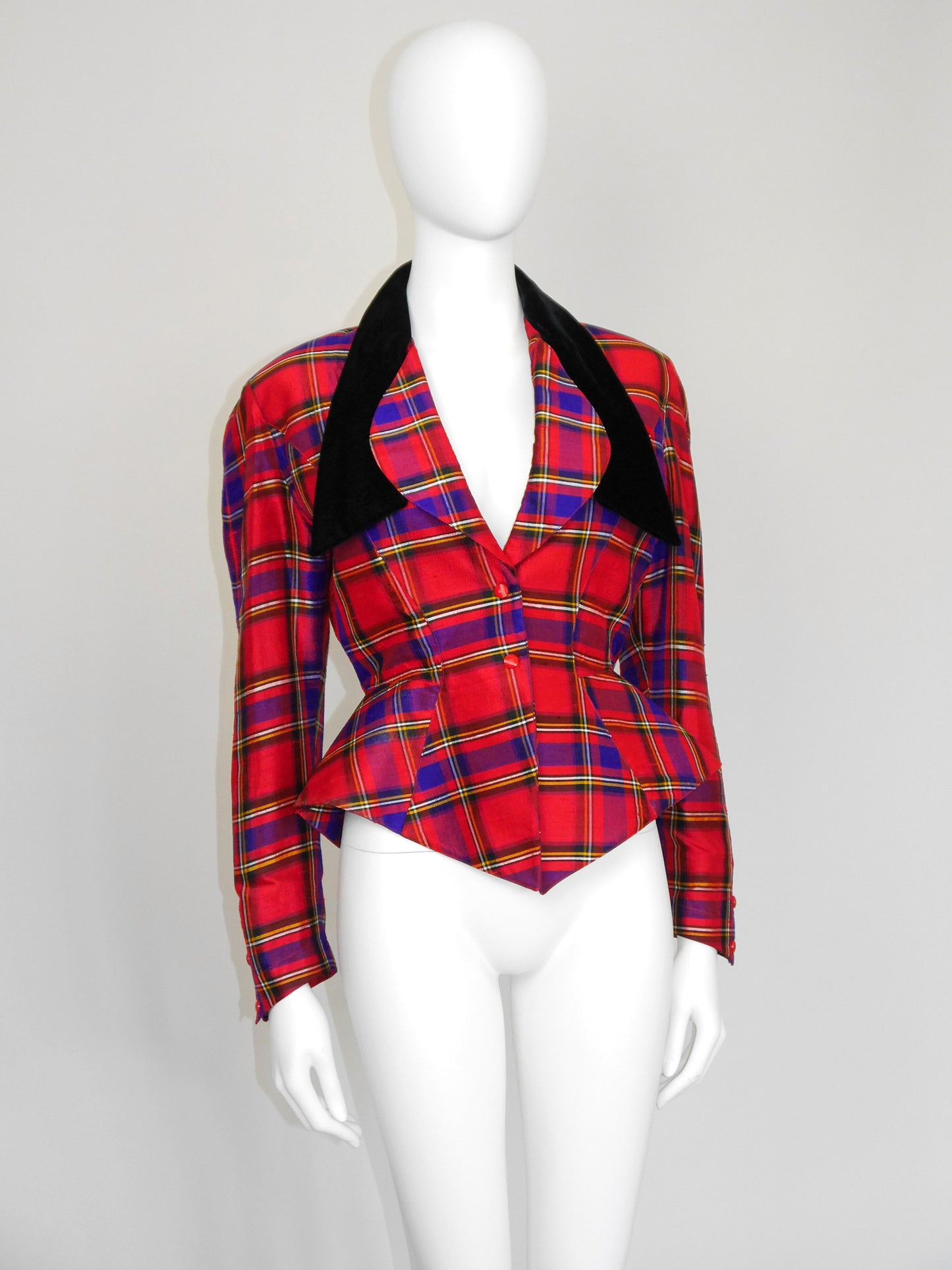 THIERRY MUGLER 1990s Vintage Raw Silk Tartan Pattern Evening Jacket Size XS-S