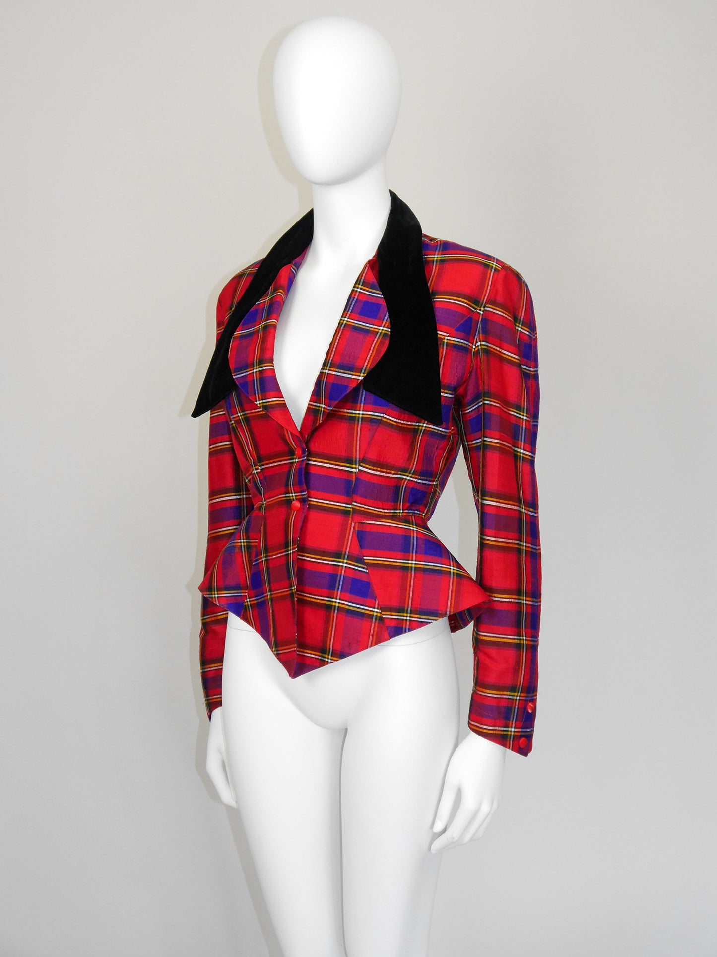 THIERRY MUGLER 1990s Vintage Raw Silk Tartan Pattern Evening Jacket Size XS-S