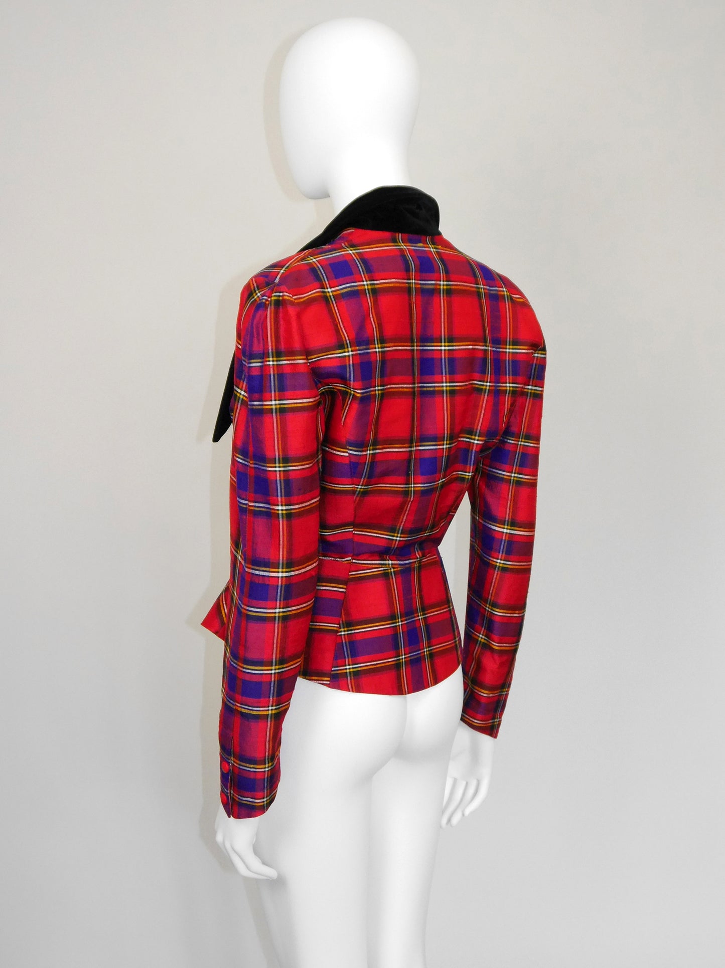 THIERRY MUGLER 1990s Vintage Raw Silk Tartan Pattern Evening Jacket Size XS-S