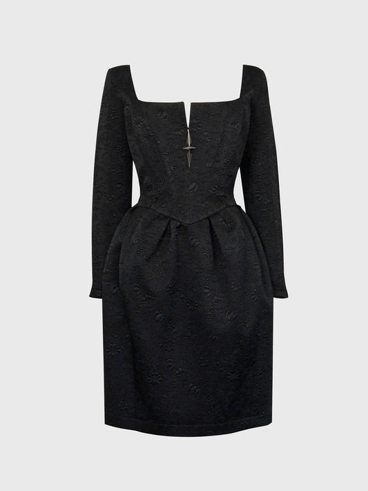 THIERRY MUGLER 1990s Vintage Black Jacquard Cocktail Evening Dress Size L