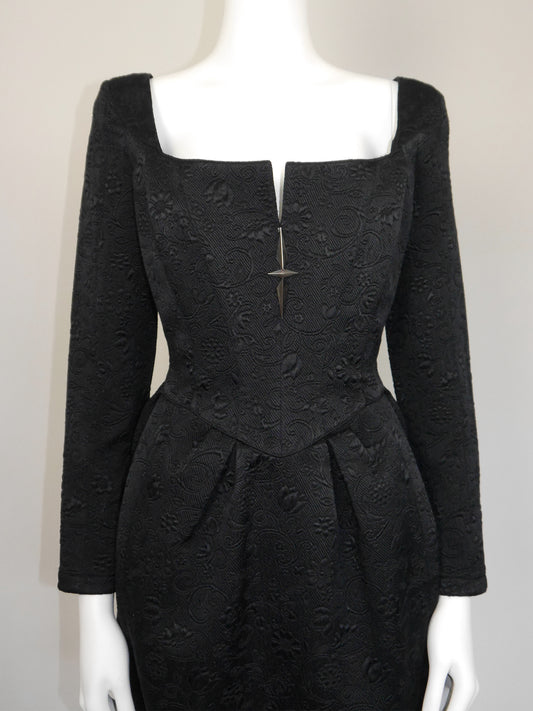 THIERRY MUGLER 1990s Vintage Black Jacquard Cocktail Evening Dress Size L