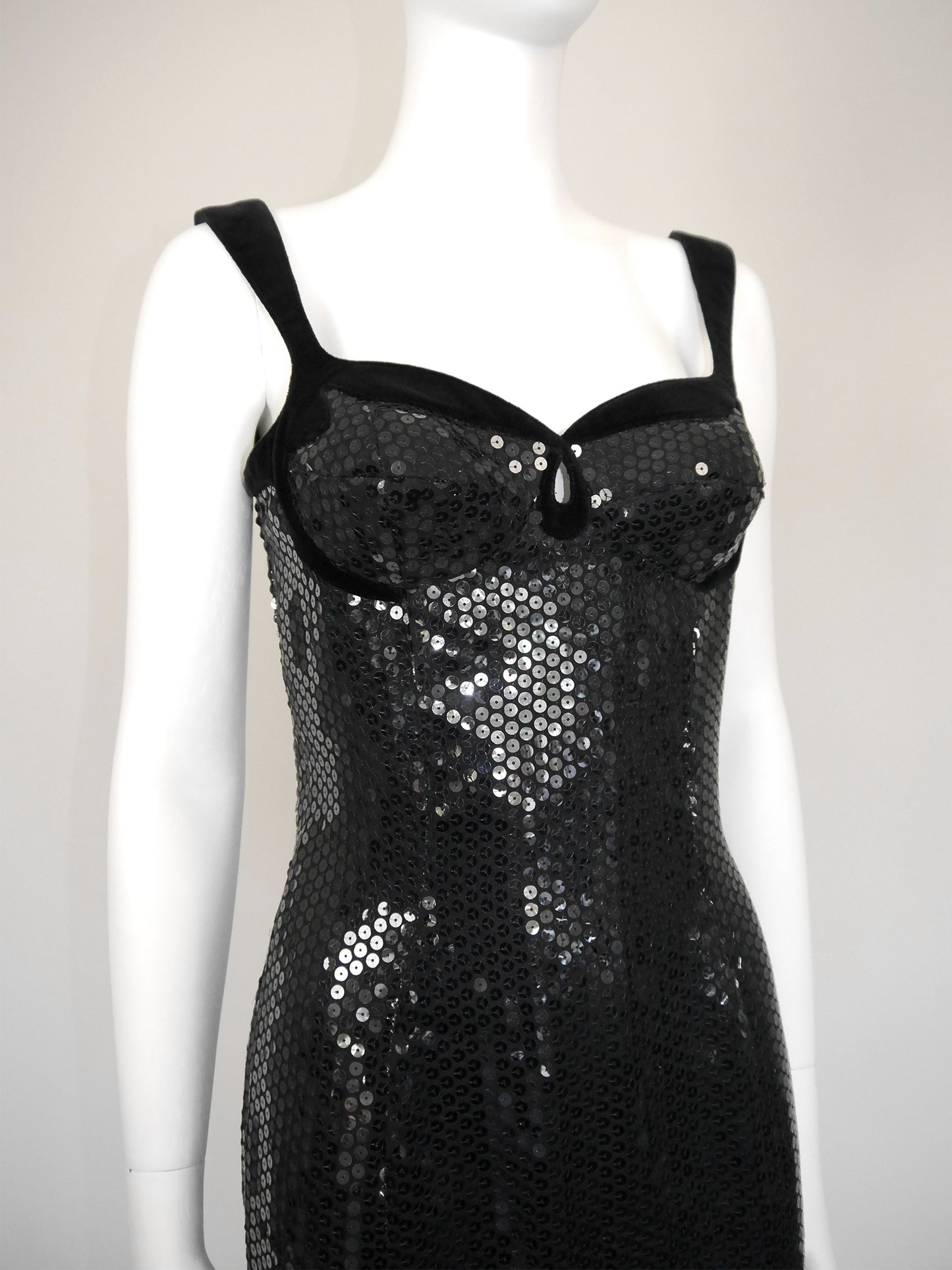 THIERRY MUGLER 1990s Vintage Black Velvet & Sequins Cocktail Evening Dress Size S