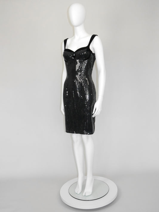 THIERRY MUGLER 1990s Vintage Black Velvet & Sequins Cocktail Evening Dress Size S