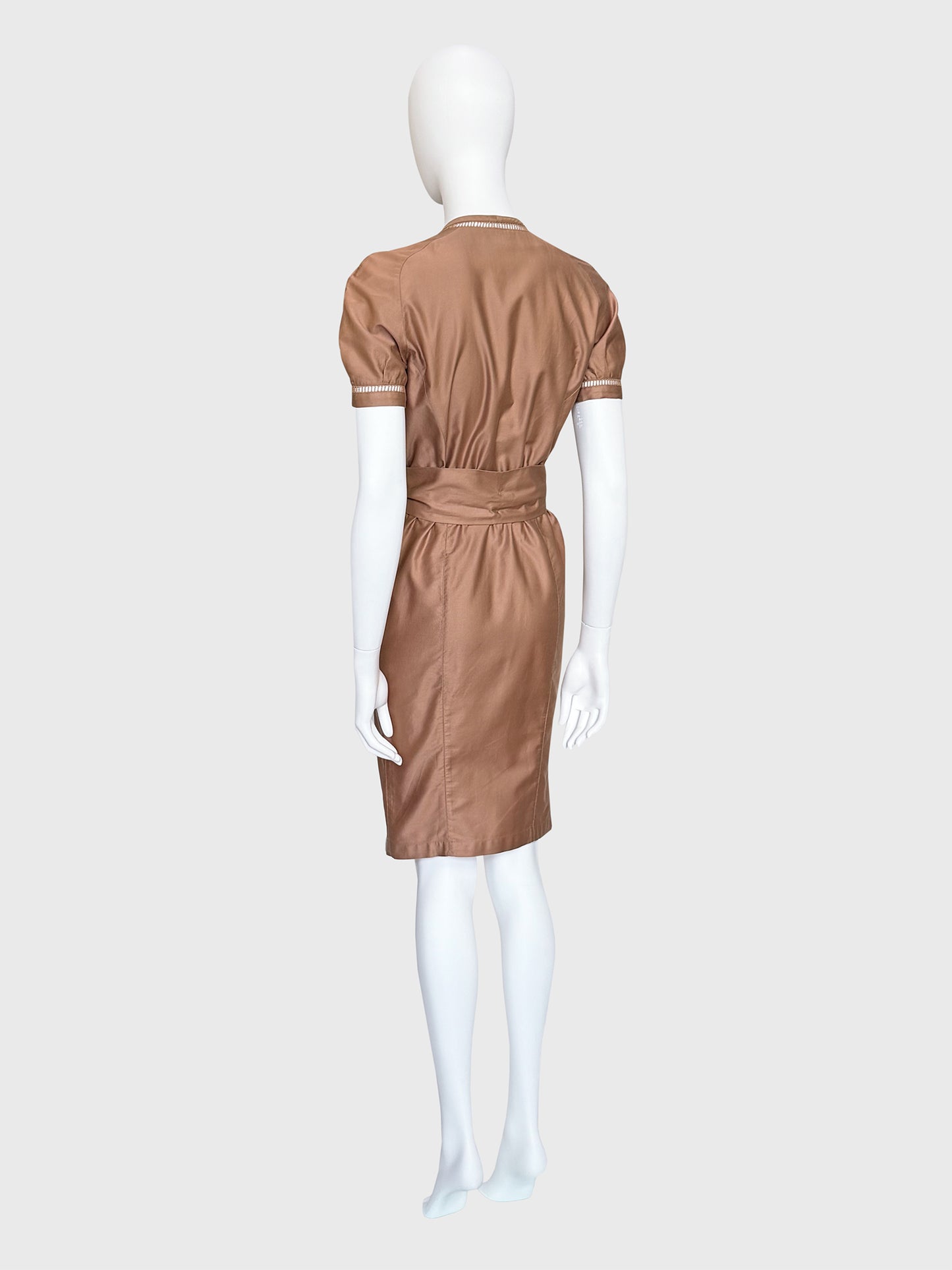 THIERRY MUGLER 1990s Vintage Khaki Cotton Day Dress w/ Openwork Details Size XS