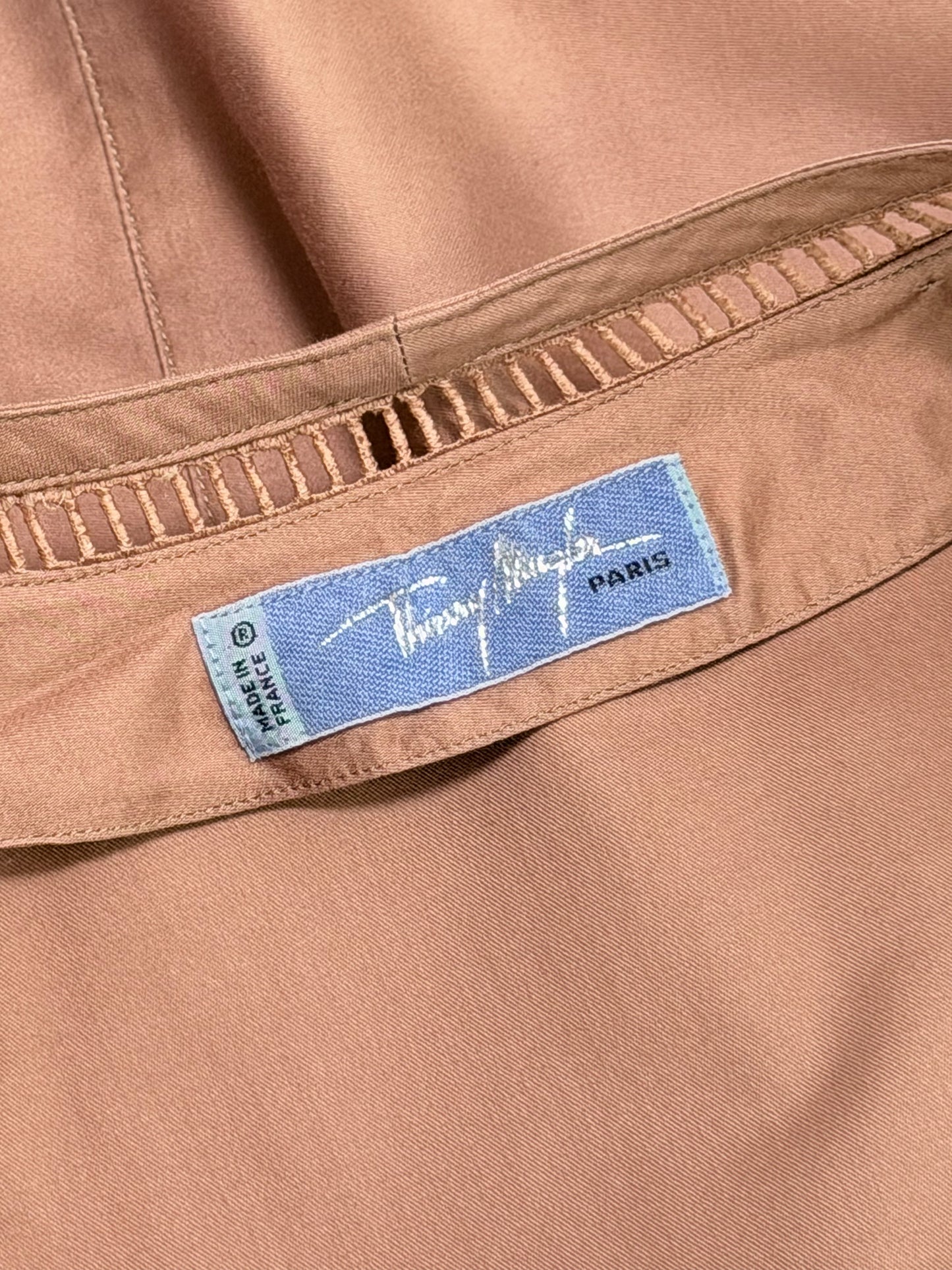THIERRY MUGLER 1990s Vintage Khaki Cotton Day Dress w/ Openwork Details Size XS