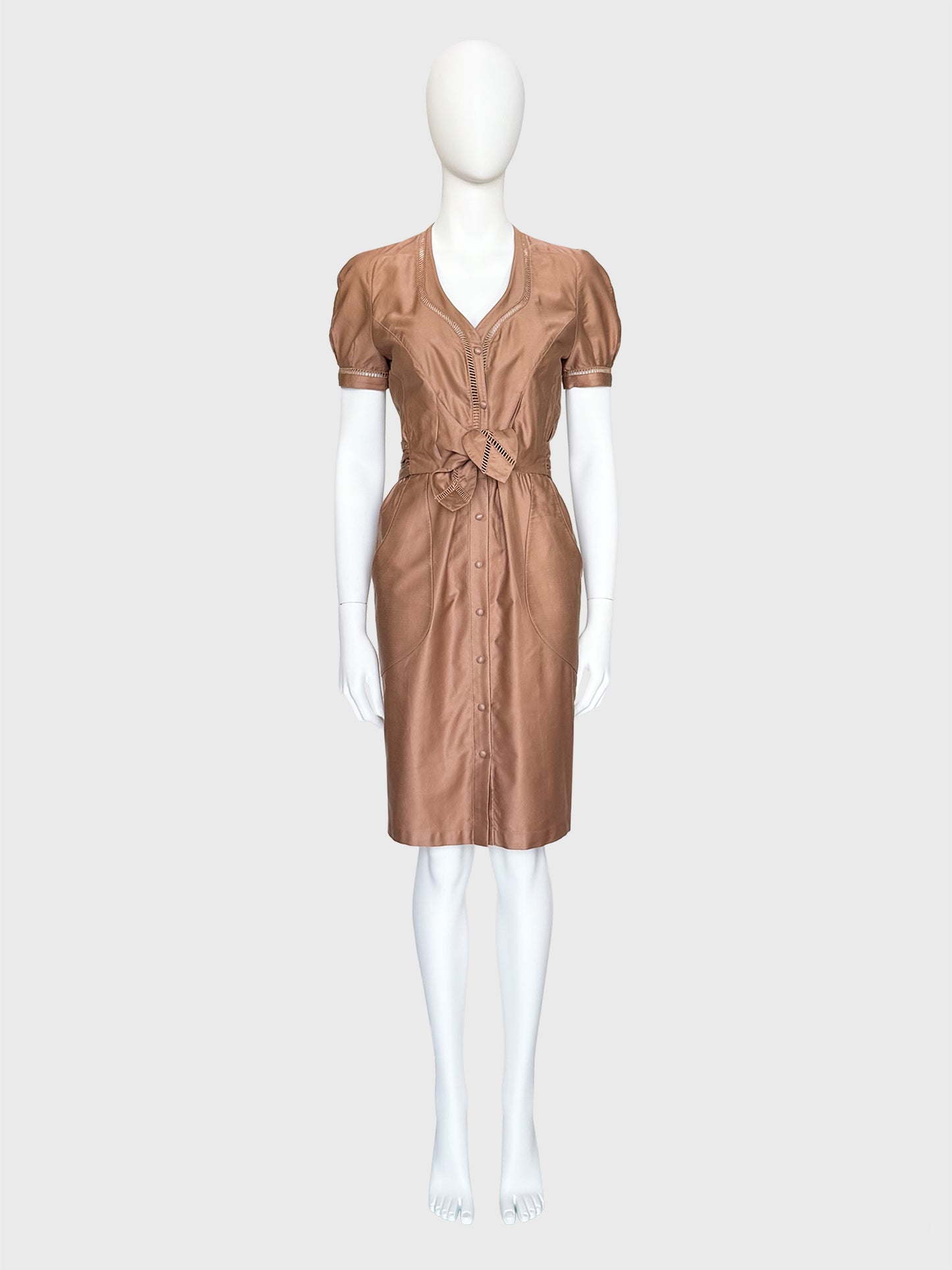 THIERRY MUGLER 1990s Vintage Khaki Cotton Day Dress w/ Openwork Details Size XS