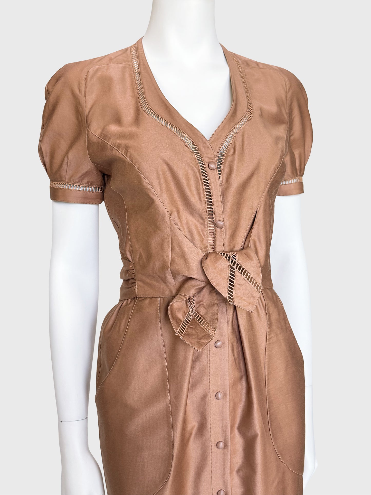 THIERRY MUGLER 1990s Vintage Khaki Cotton Day Dress w/ Openwork Details Size XS