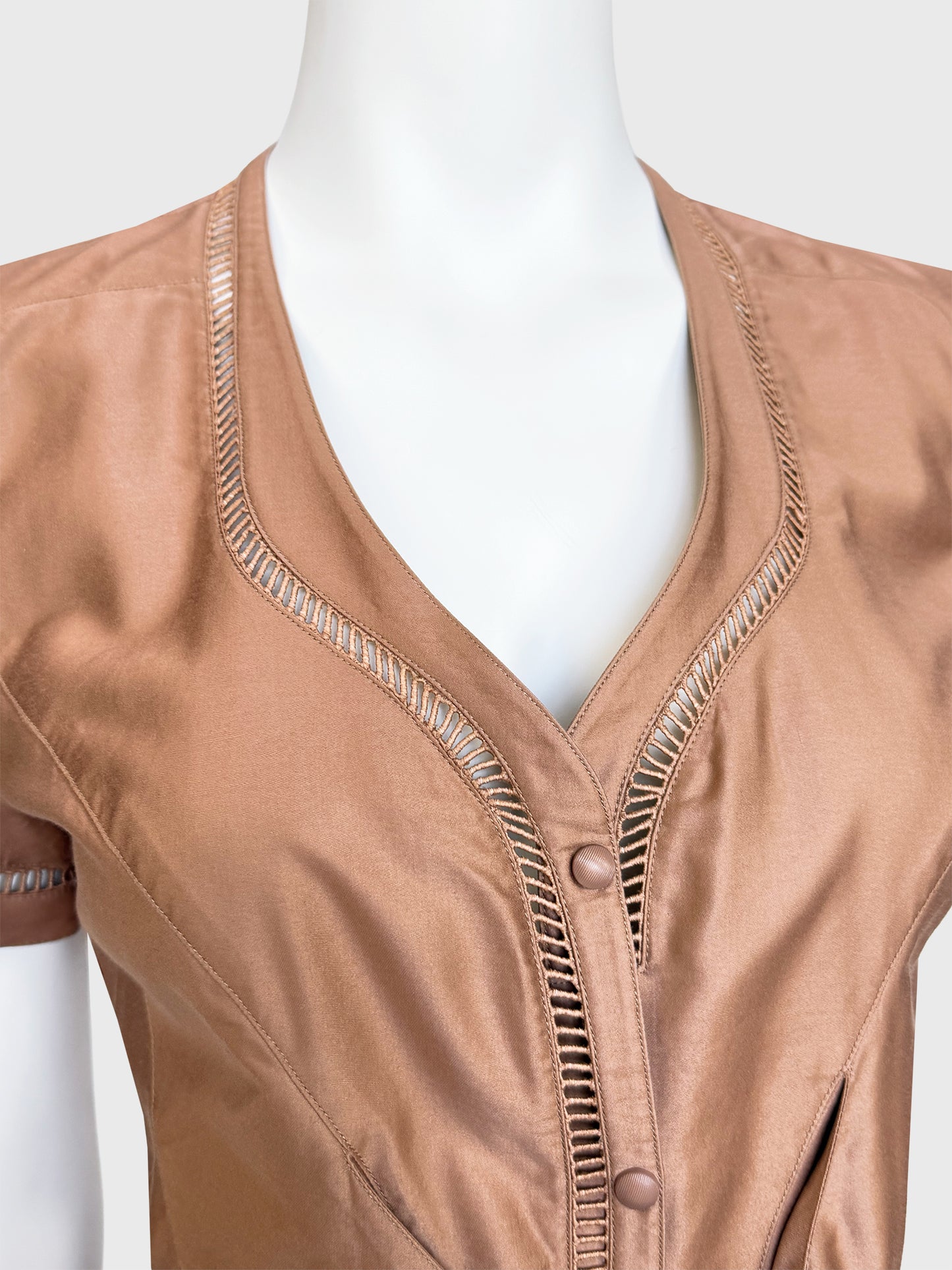 THIERRY MUGLER 1990s Vintage Khaki Cotton Day Dress w/ Openwork Details Size XS
