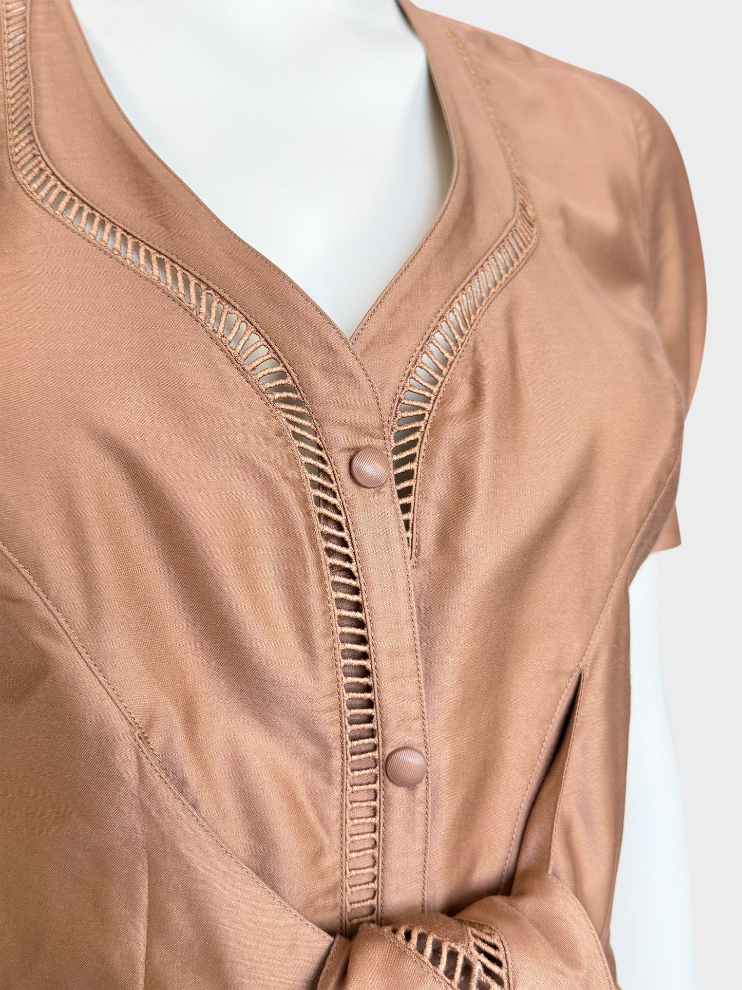 THIERRY MUGLER 1990s Vintage Khaki Cotton Day Dress w/ Openwork Details Size XS
