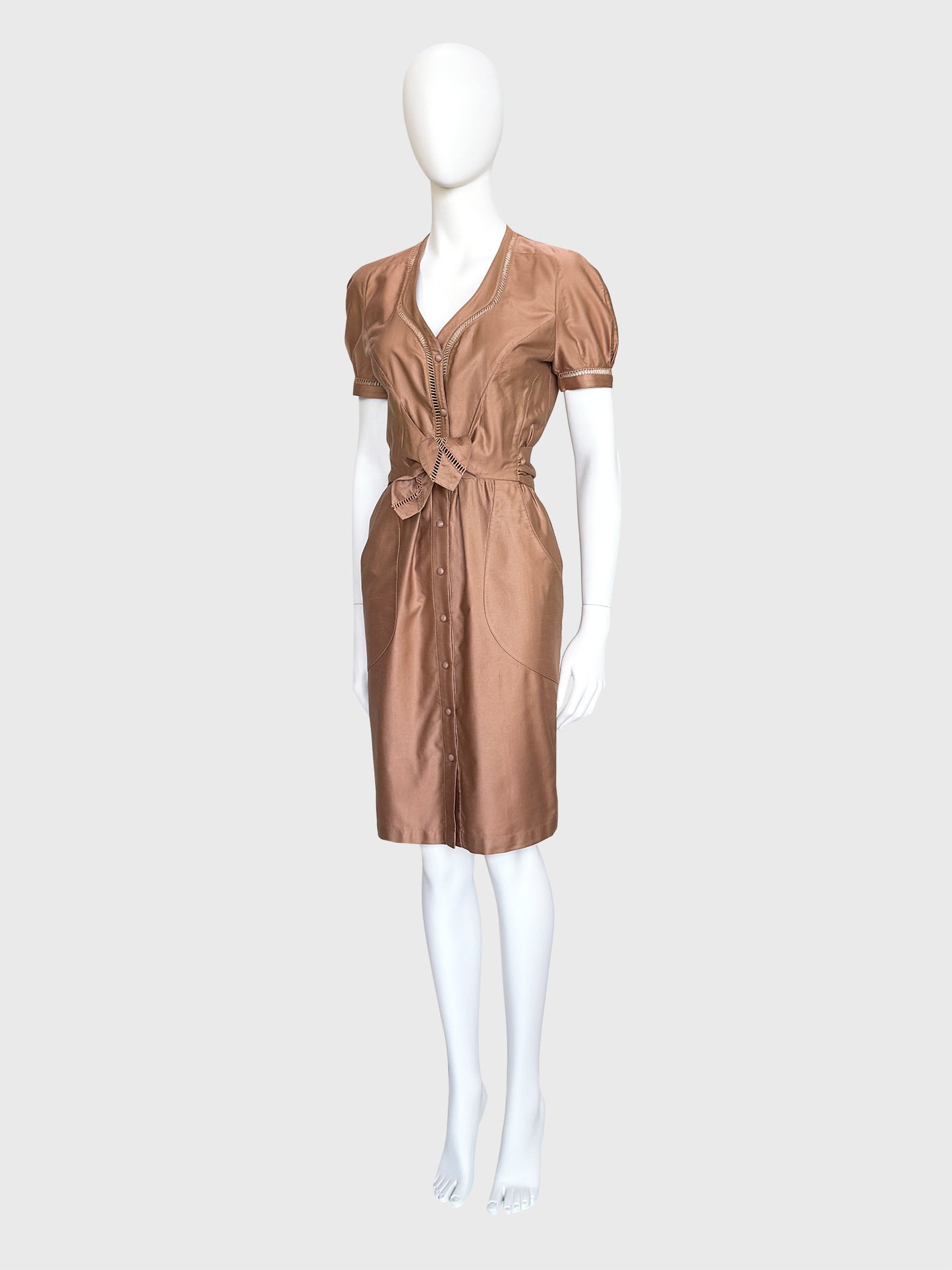 THIERRY MUGLER 1990s Vintage Khaki Cotton Day Dress w/ Openwork Details Size XS