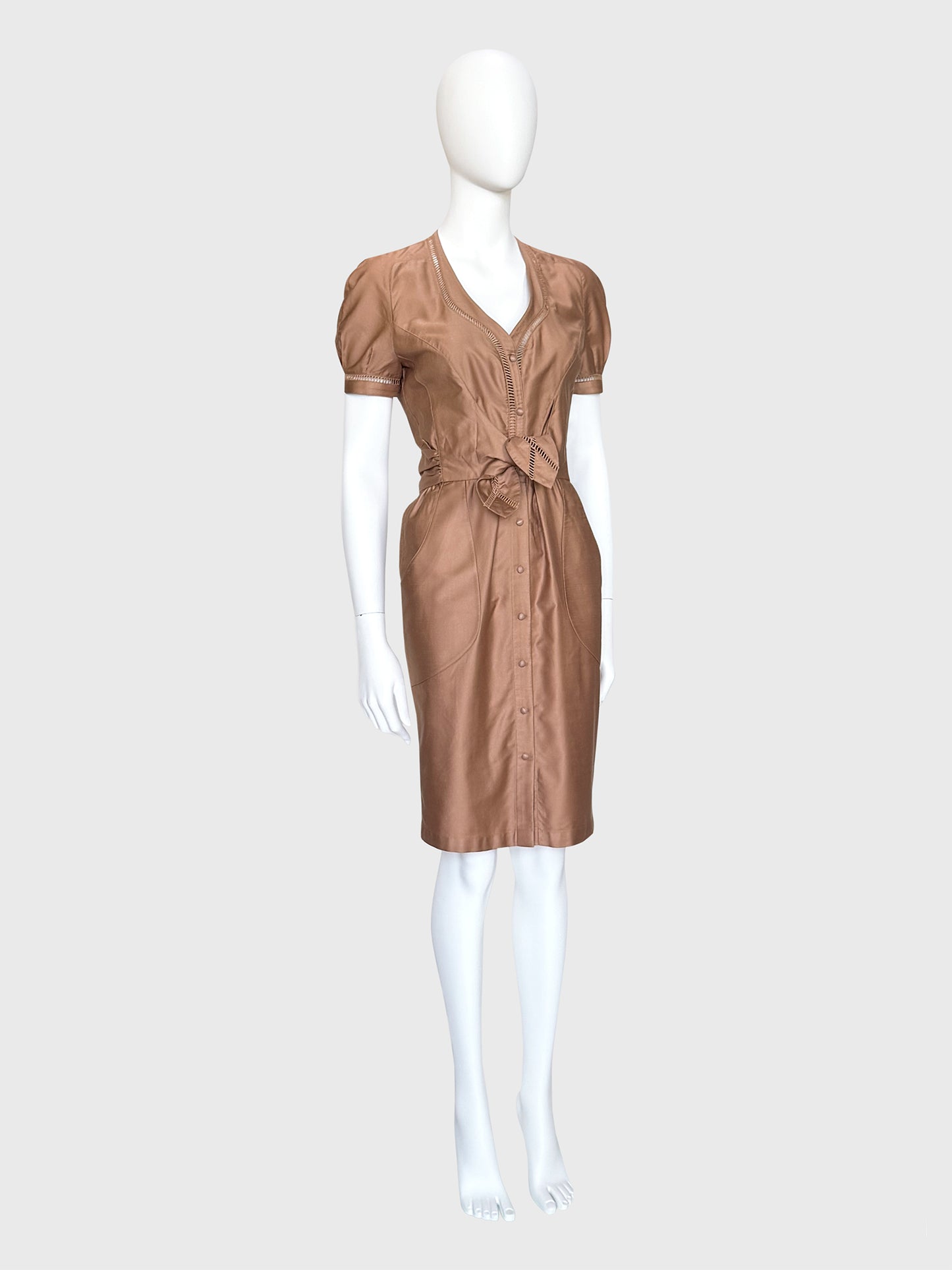 THIERRY MUGLER 1990s Vintage Khaki Cotton Day Dress w/ Openwork Details Size XS