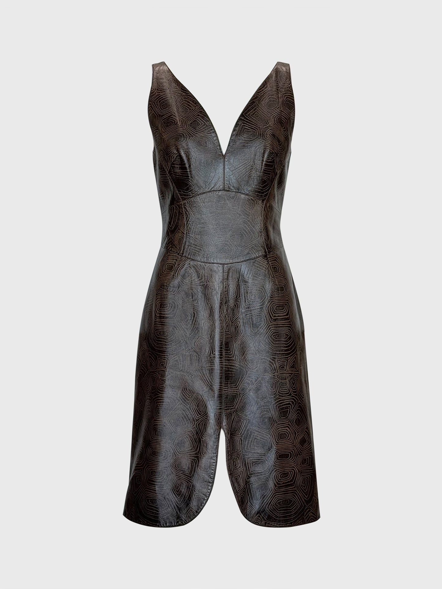 THIERRY MUGLER Couture Spring 2001 Metallic Brown Tortoiseshell Embossed Leather Dress Size S