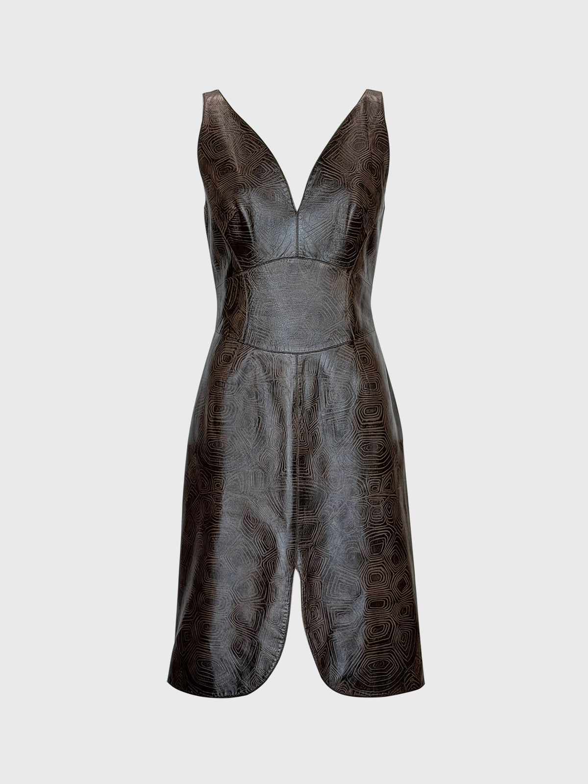 THIERRY MUGLER Couture Spring 2001 Metallic Brown Tortoiseshell Embossed Leather Dress Size S