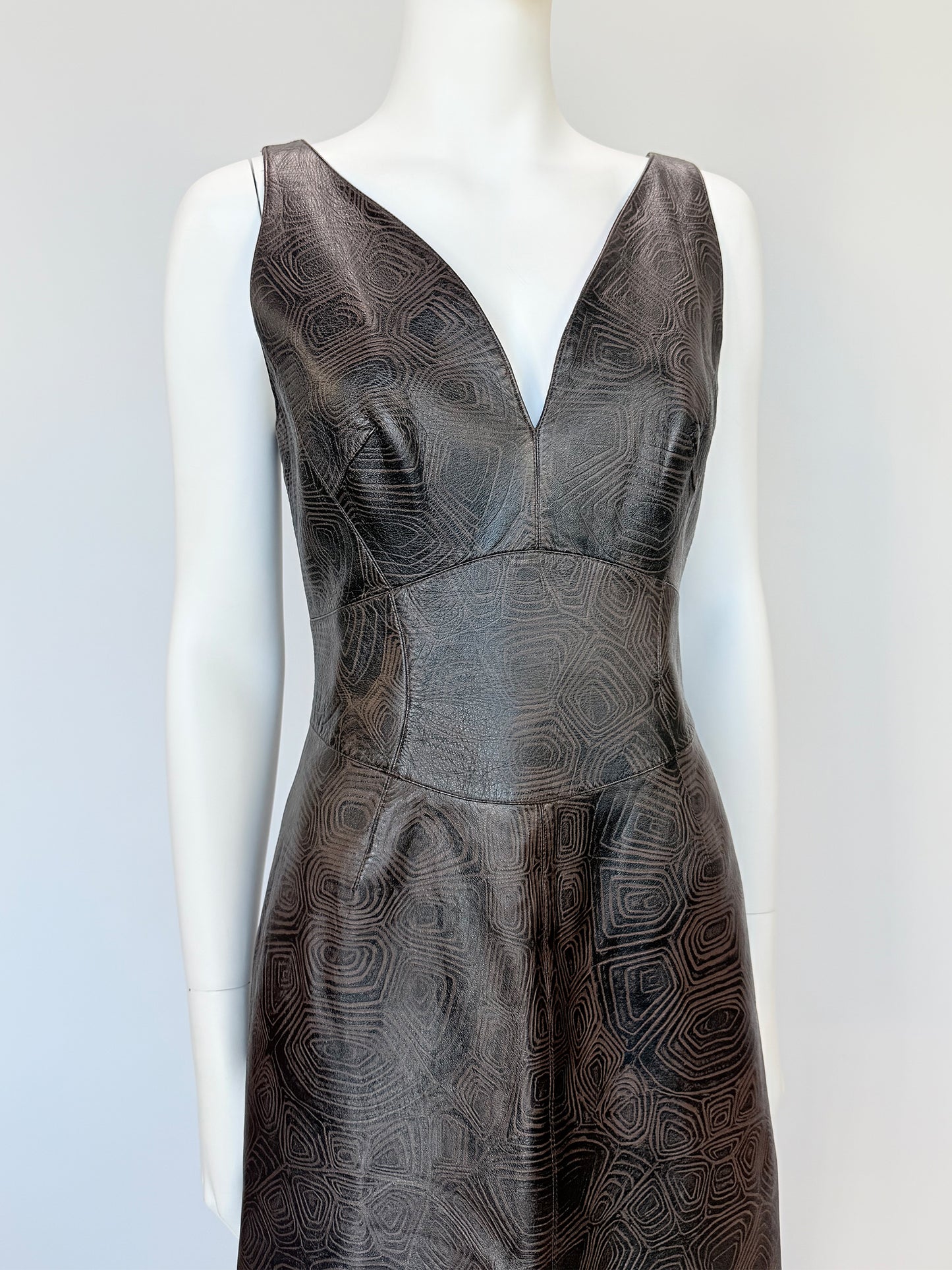 THIERRY MUGLER Couture Spring 2001 Metallic Brown Tortoiseshell Embossed Leather Dress Size S