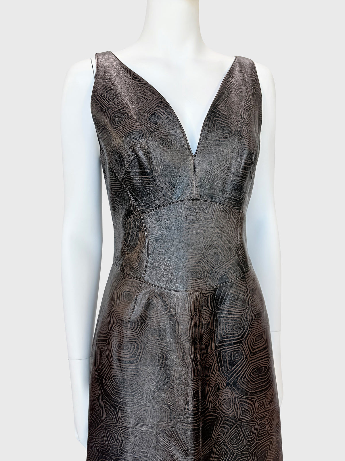 THIERRY MUGLER Couture Spring 2001 Metallic Brown Tortoiseshell Embossed Leather Dress Size S