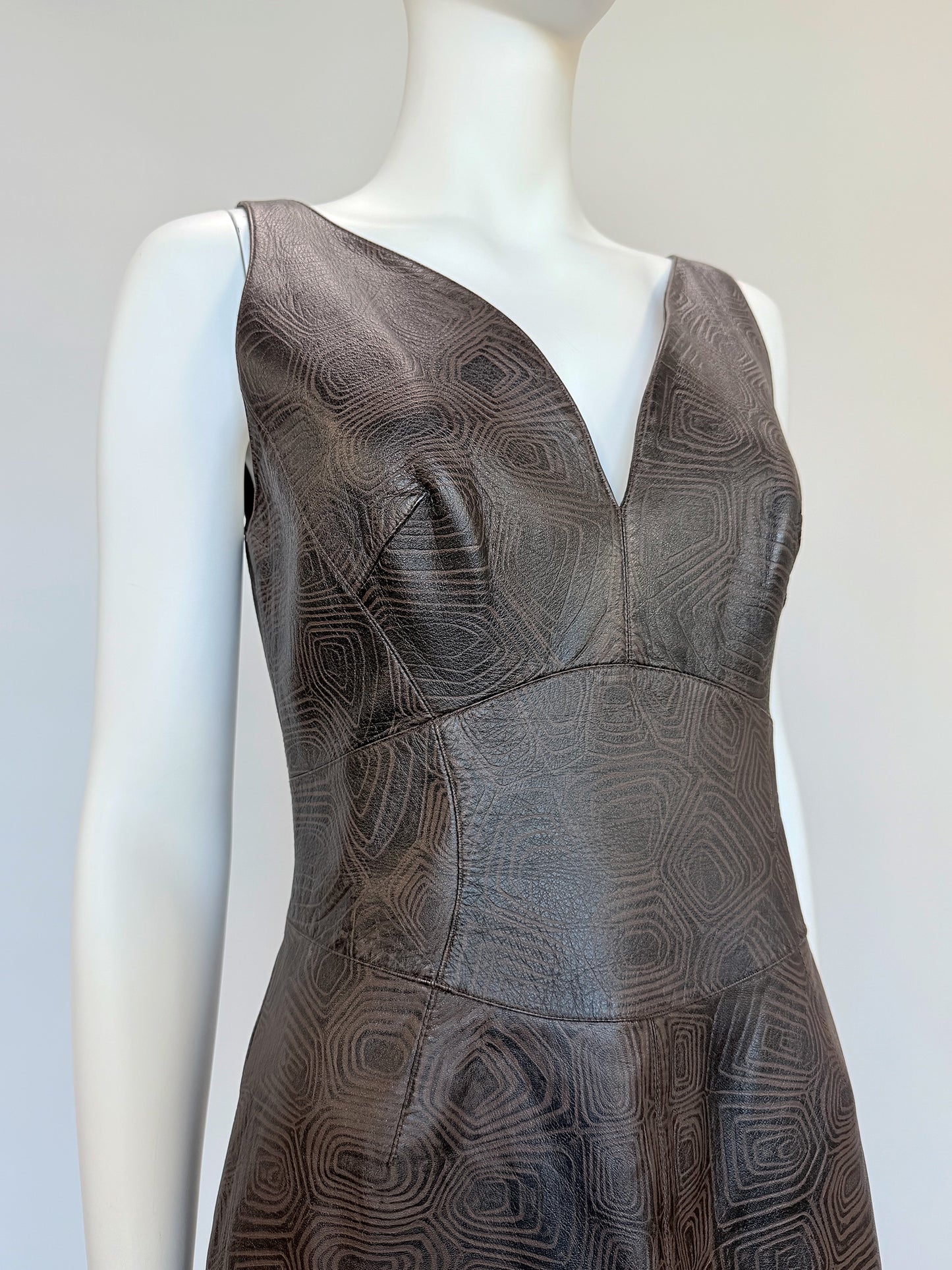 THIERRY MUGLER Couture Spring 2001 Metallic Brown Tortoiseshell Embossed Leather Dress Size S