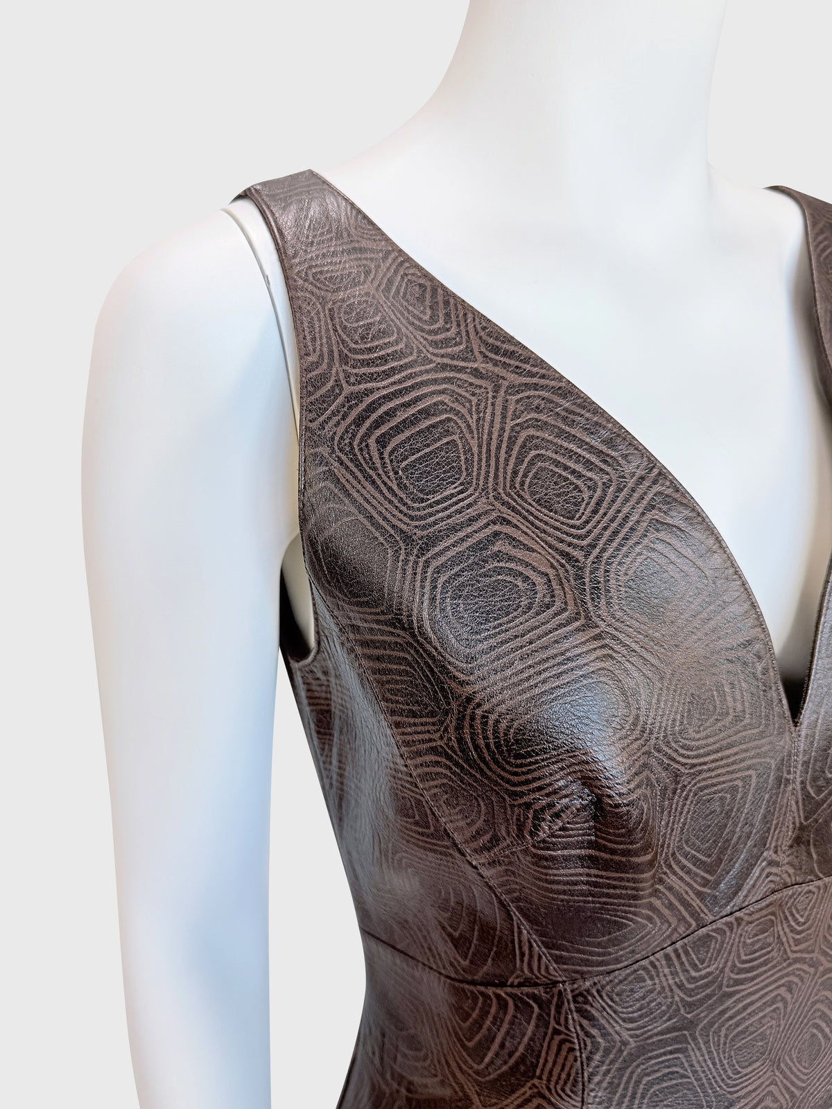 THIERRY MUGLER Couture Spring 2001 Metallic Brown Tortoiseshell Embossed Leather Dress Size S
