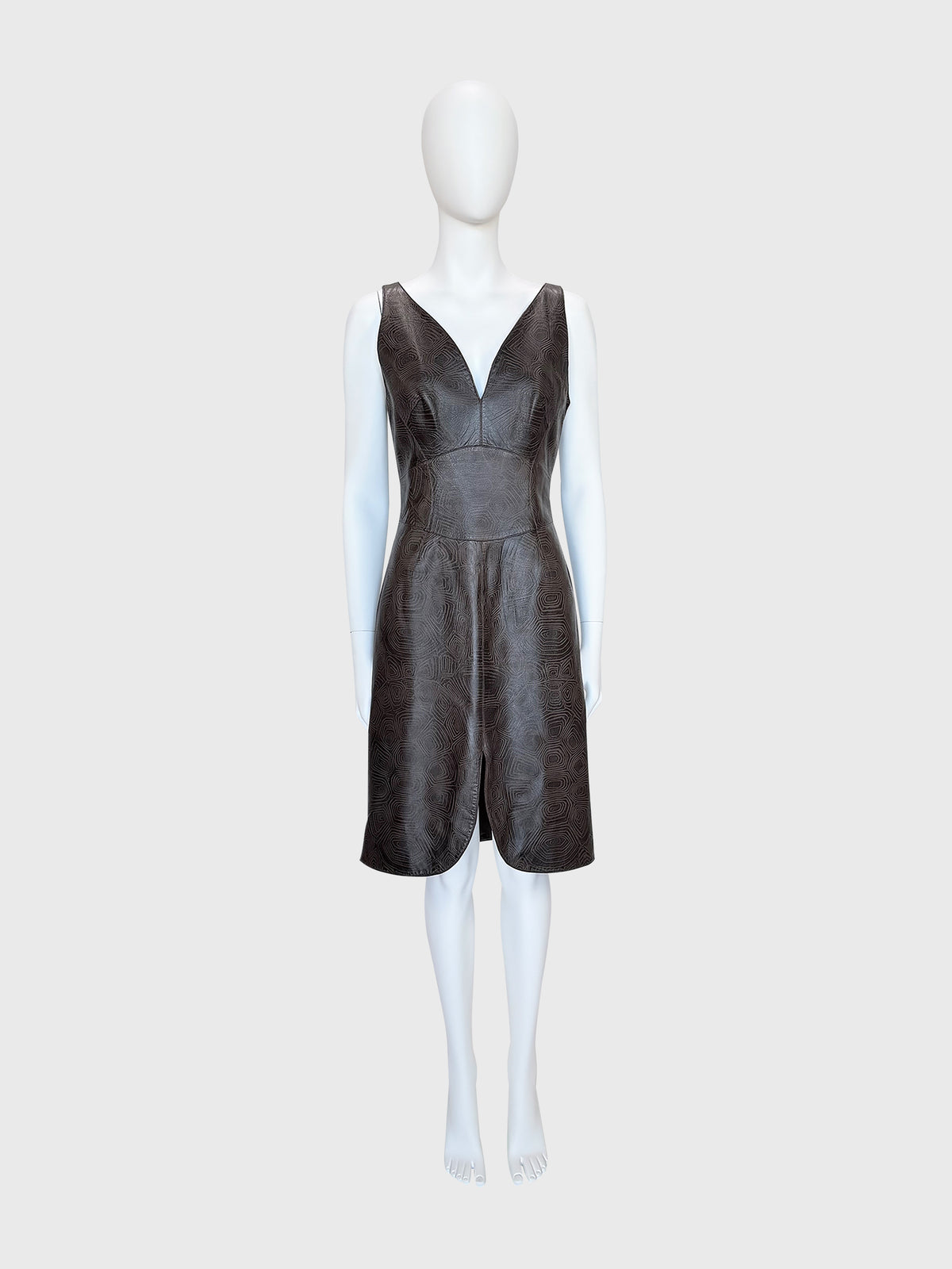 THIERRY MUGLER Couture Spring 2001 Metallic Brown Tortoiseshell Embossed Leather Dress Size S