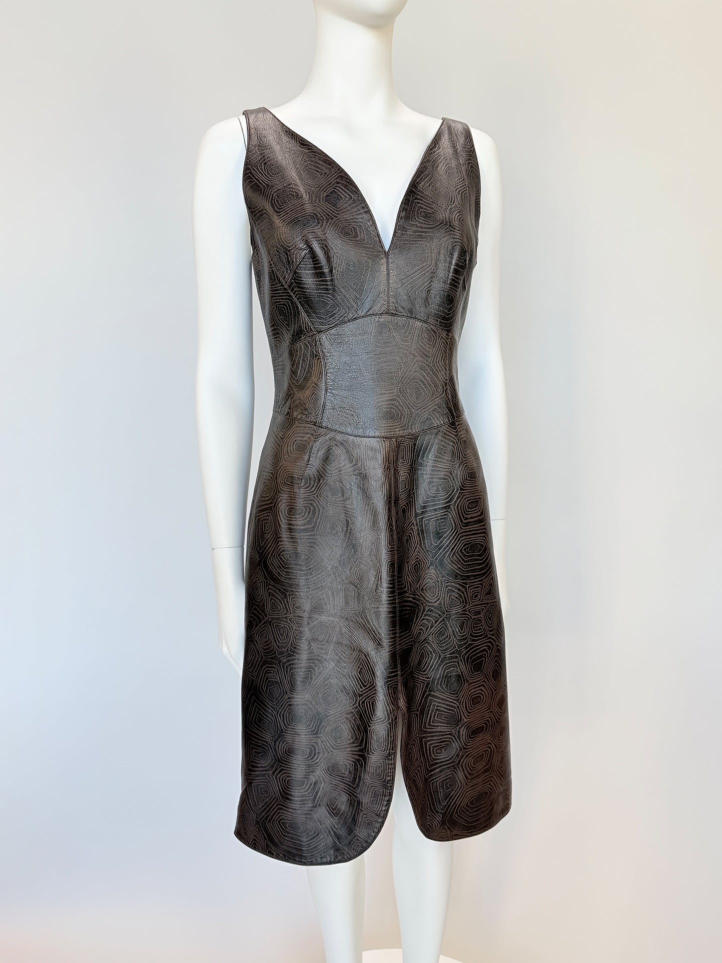 THIERRY MUGLER Couture Spring 2001 Metallic Brown Tortoiseshell Embossed Leather Dress Size S