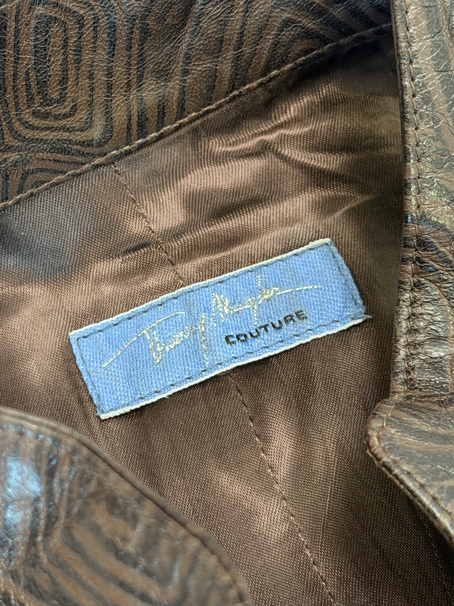 THIERRY MUGLER Couture Spring 2001 Metallic Brown Tortoiseshell Embossed Leather Top Size S