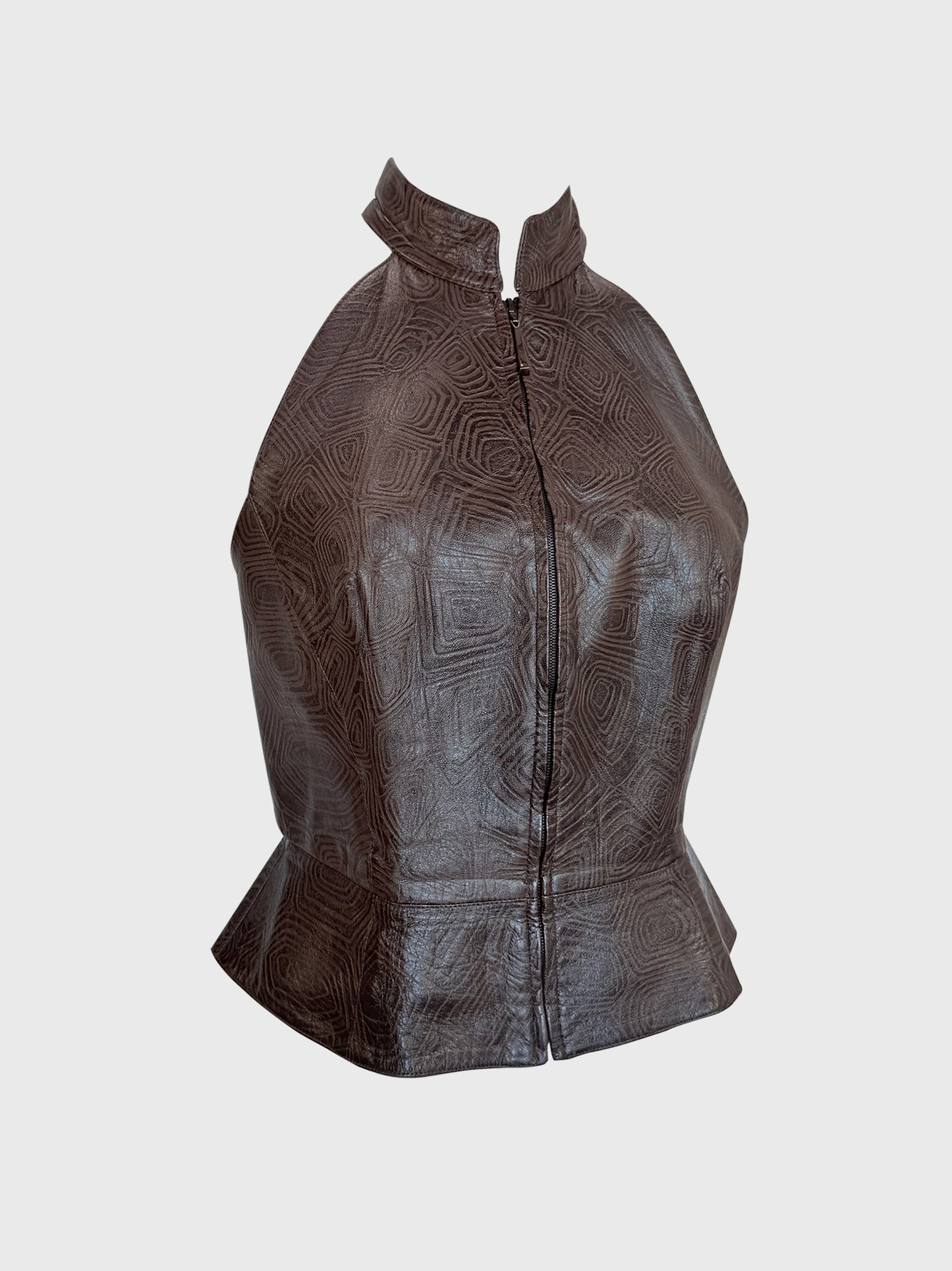 THIERRY MUGLER Couture Spring 2001 Metallic Brown Tortoiseshell Embossed Leather Top Size S