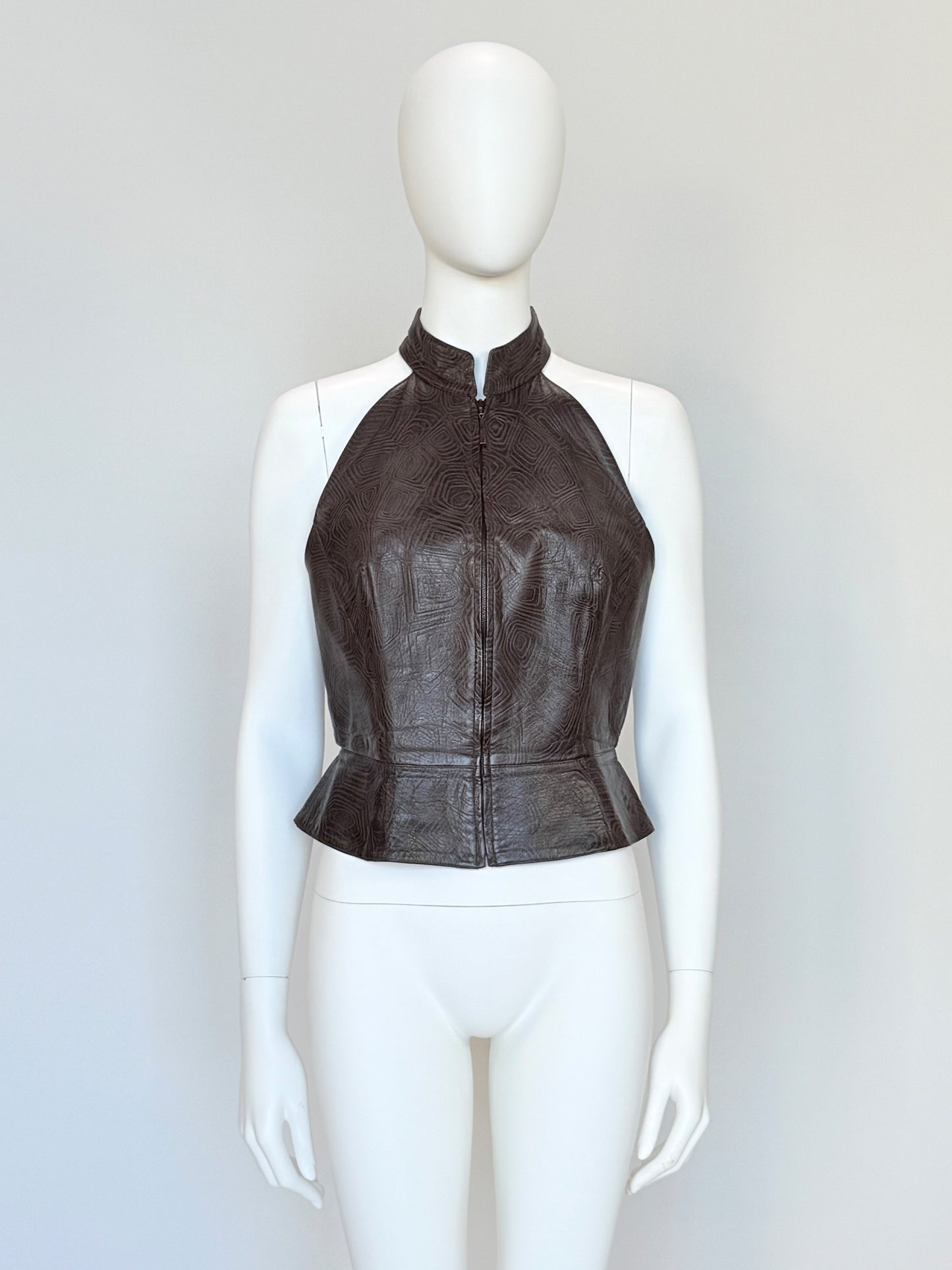 THIERRY MUGLER Couture Spring 2001 Metallic Brown Tortoiseshell Embossed Leather Top Size S