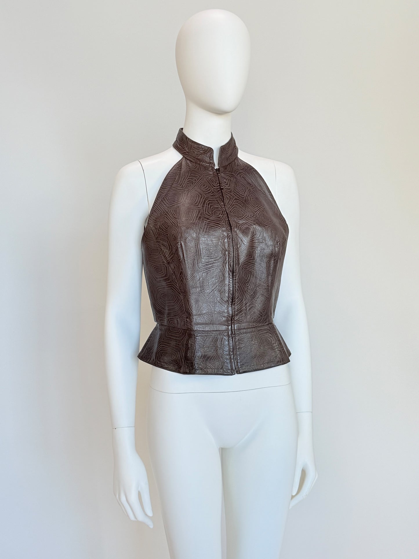 THIERRY MUGLER Couture Spring 2001 Metallic Brown Tortoiseshell Embossed Leather Top Size S