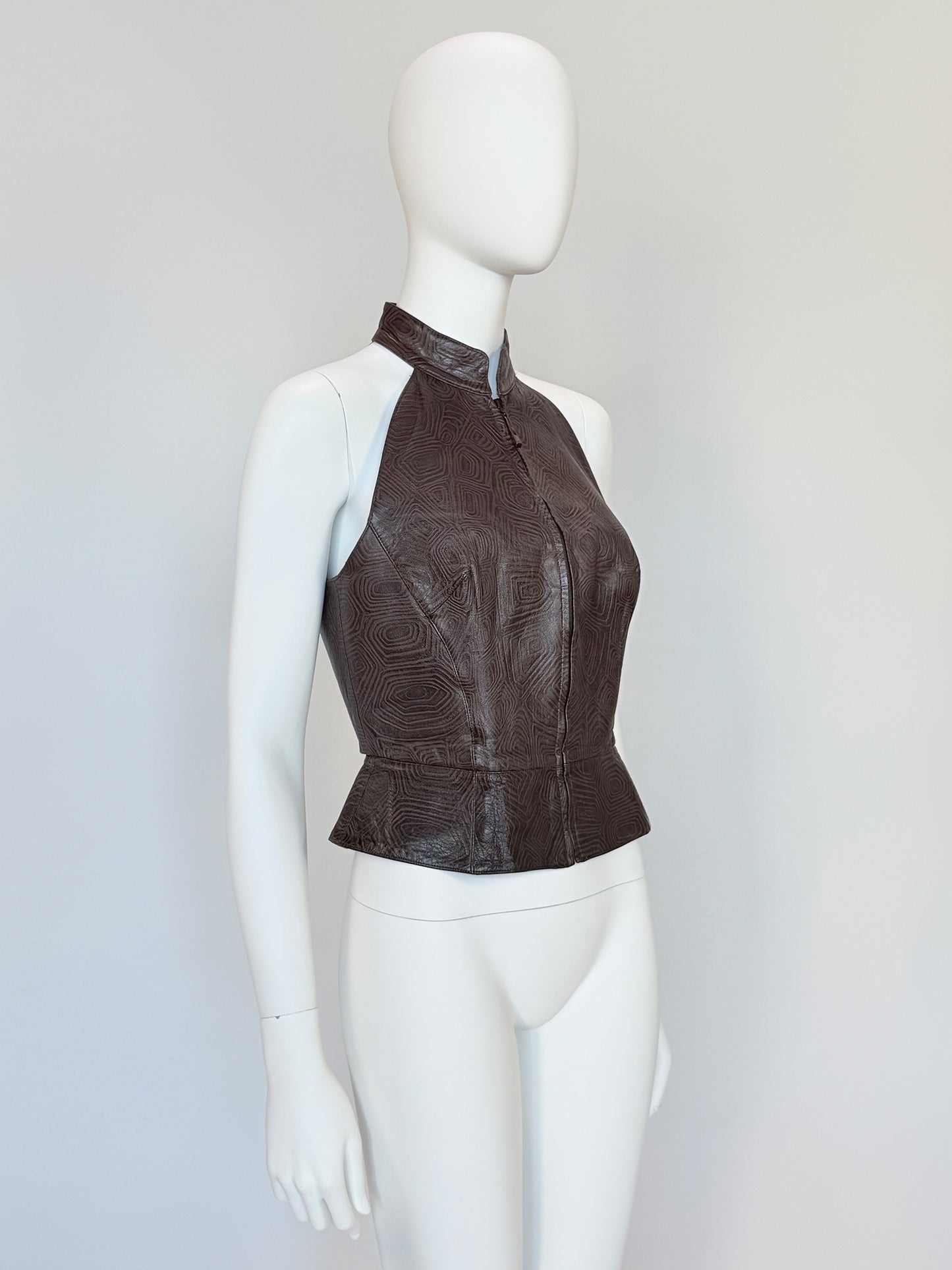 THIERRY MUGLER Couture Spring 2001 Metallic Brown Tortoiseshell Embossed Leather Top Size S