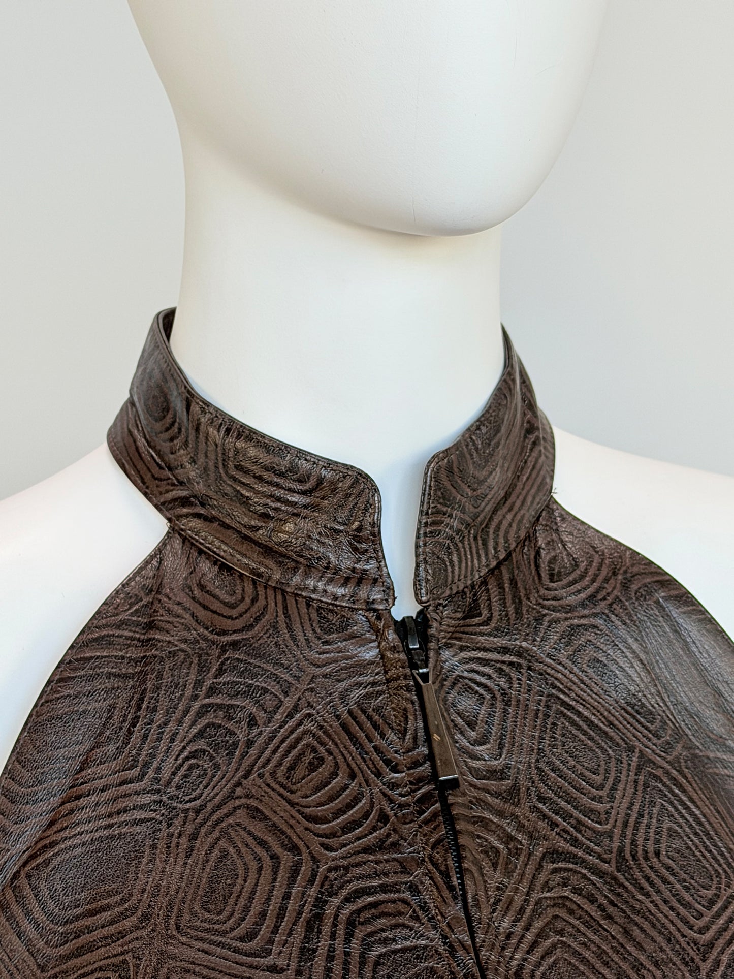 THIERRY MUGLER Couture Spring 2001 Metallic Brown Tortoiseshell Embossed Leather Top Size S