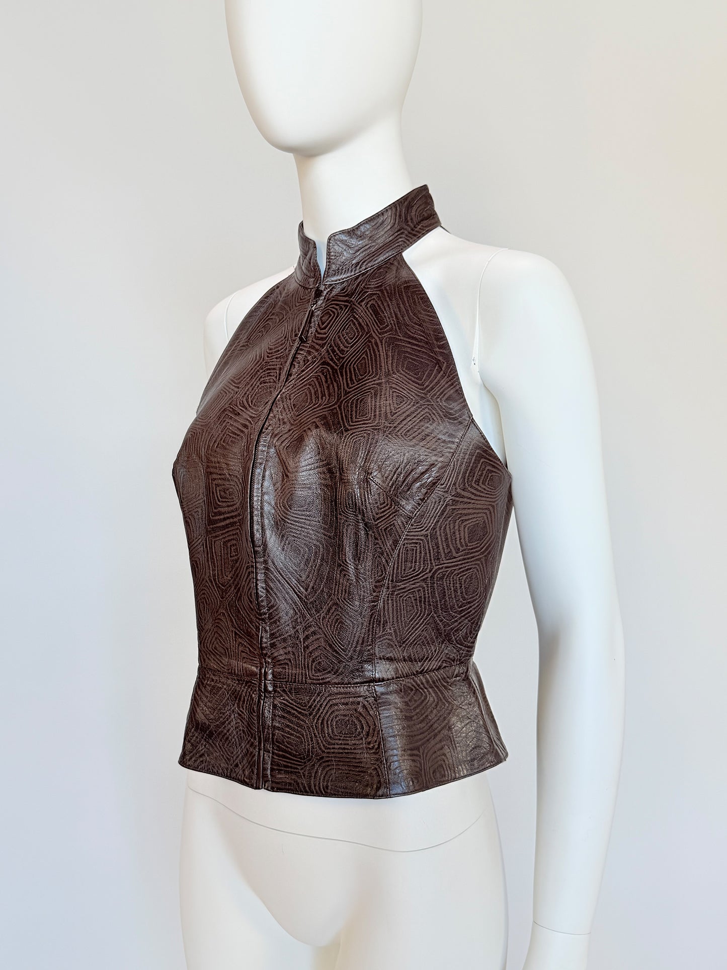 THIERRY MUGLER Couture Spring 2001 Metallic Brown Tortoiseshell Embossed Leather Top Size S