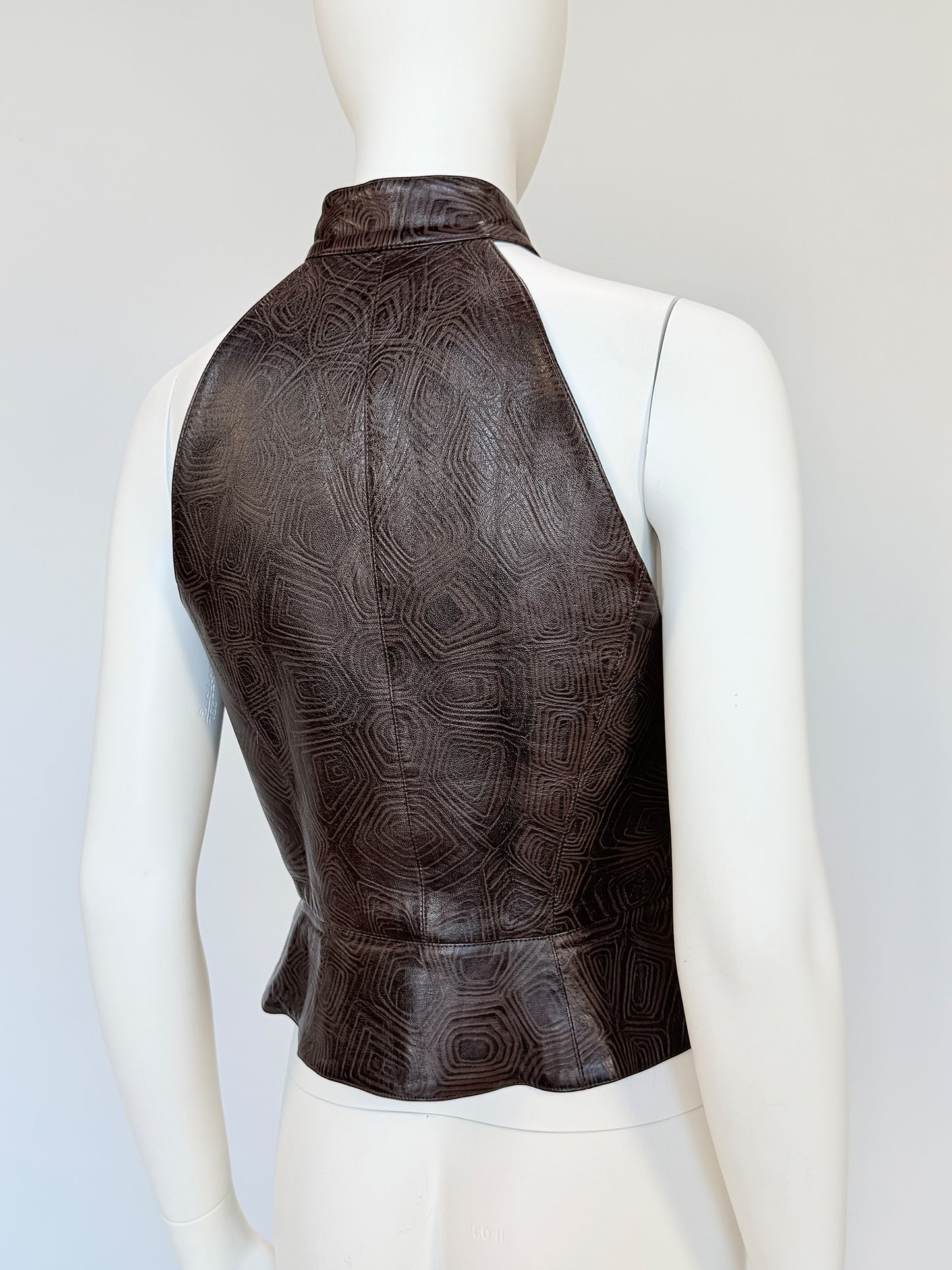 THIERRY MUGLER Couture Spring 2001 Metallic Brown Tortoiseshell Embossed Leather Top Size S