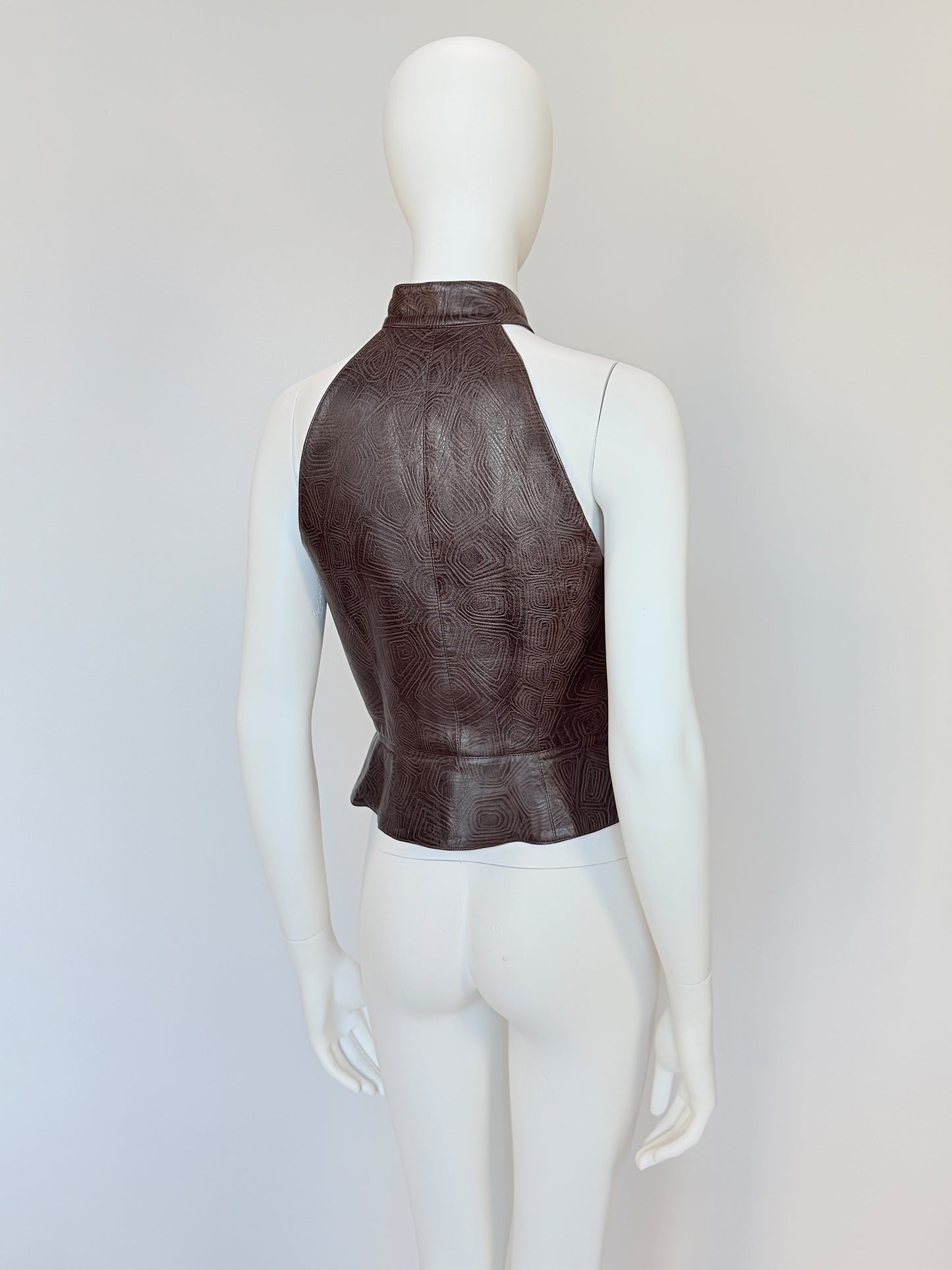 THIERRY MUGLER Couture Spring 2001 Metallic Brown Tortoiseshell Embossed Leather Top Size S
