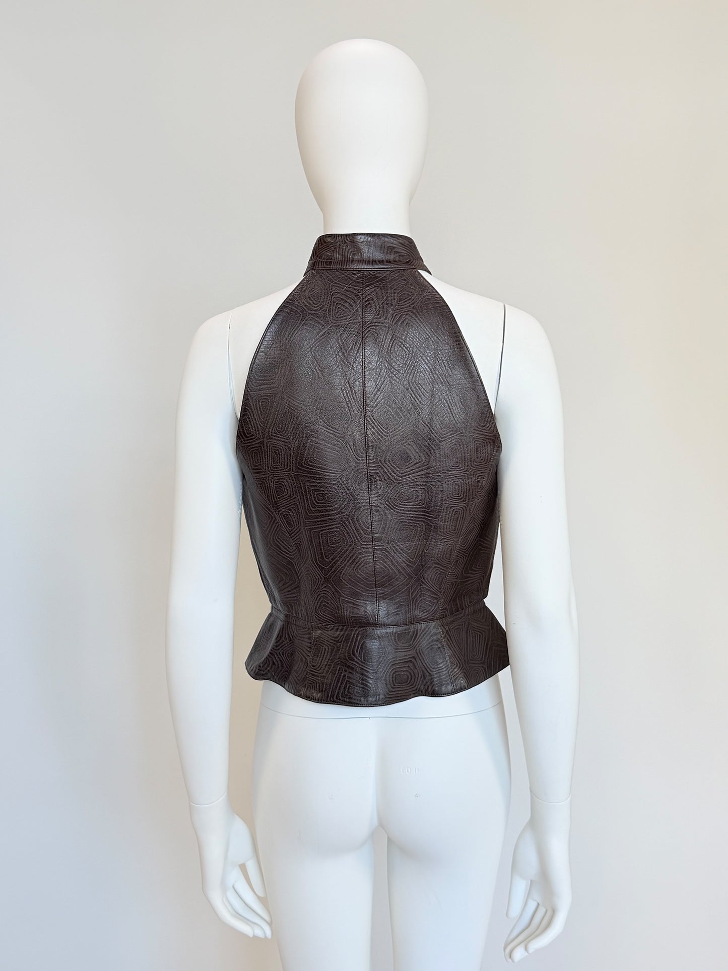 THIERRY MUGLER Couture Spring 2001 Metallic Brown Tortoiseshell Embossed Leather Top Size S