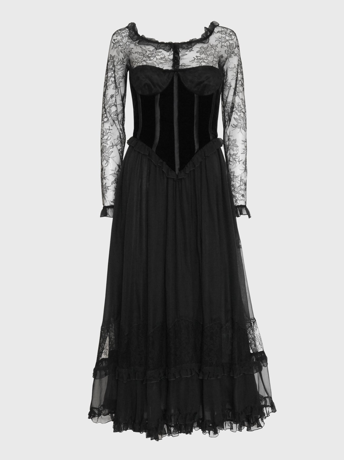 VALENTINO Vintage Black Lace & Silk Maxi Evening Gown