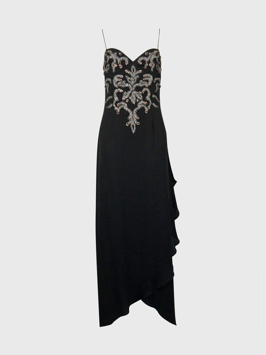 VALENTINO 2000s Vintage Black Beaded Sequined Maxi Evening Dress Gown Size M-L