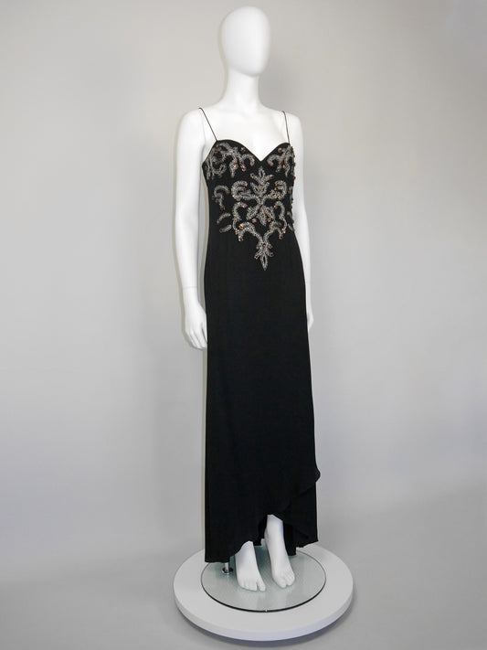 VALENTINO 2000s Vintage Black Beaded Sequined Maxi Evening Dress Gown Size M-L