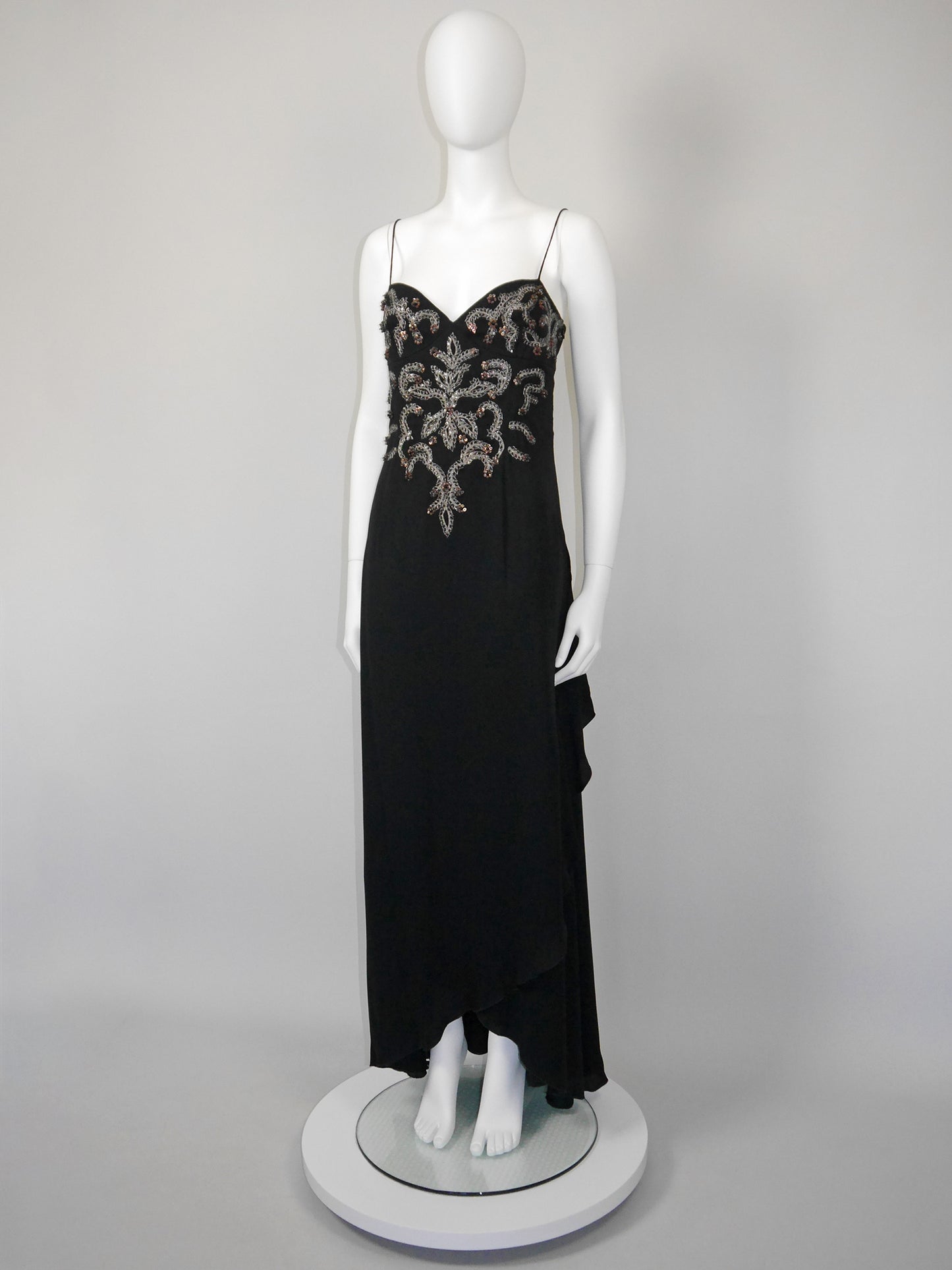 VALENTINO 1990s 2000s Vintage Black Beaded Sequined Maxi Evening Dress Gown Size M-L